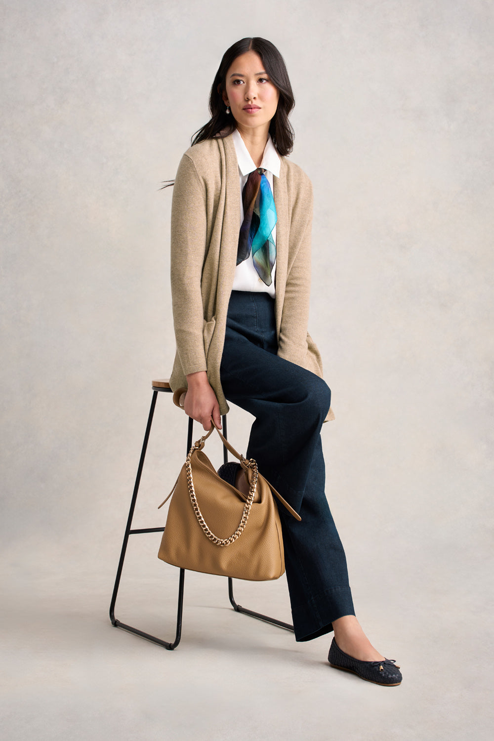 Long Line Wool Cardigan for Women - Soft Taupe Marle Knit Sweater | Cozy Winter Layering, Office Wear & Casual Outfits
