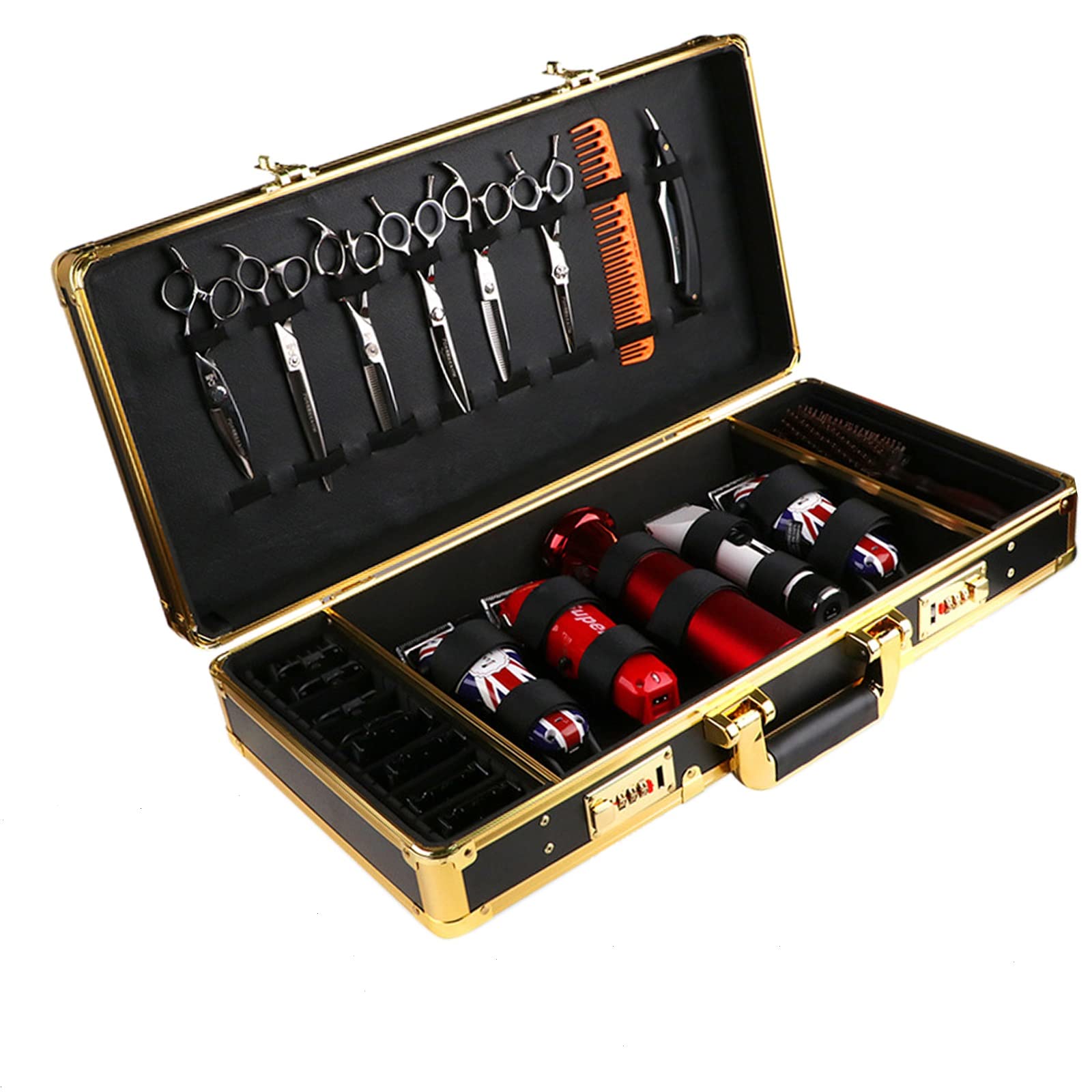Professional Barber Tool Case with Lock - Portable Hairdresser Salon Organizer Box for Clippers & Trimmers - Stylist Carry Case for Travel & Salon Storage (Gold)