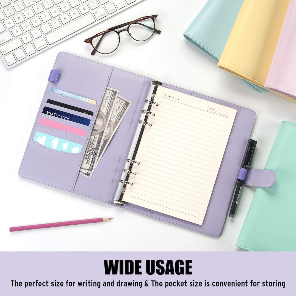 Sooez A5 6-Ring Binder Refillable Notebook Planner Cover - Purple Leather Organizer with Magnetic Buckle for Budgeting, Journaling, Photocard Storage, Recipe Book & Loose Leaf Papers | Perfect for Office, School, Travel & Home Organization