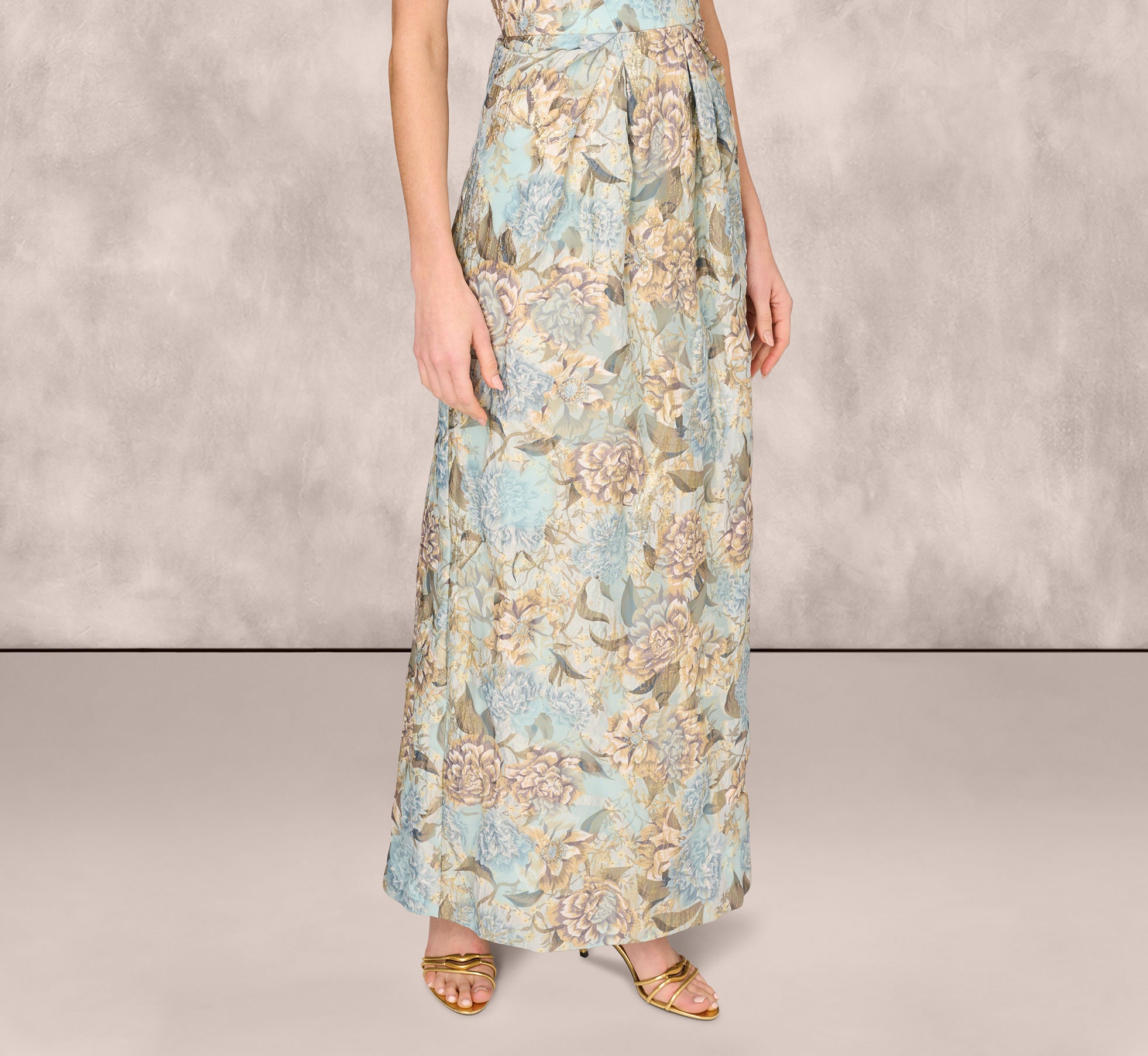 Elegant Blue & Gold Floral Jacquard Sleeveless Square Neck Column Gown for Women - Perfect for Evening Parties, Weddings & Formal Events