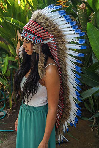 OMA Indian Inspired Headdress - Native American Style Feather Headdress Warrior Bonnet for Adults - XL Size for Festivals, Cosplay, Halloween & Cultural Events