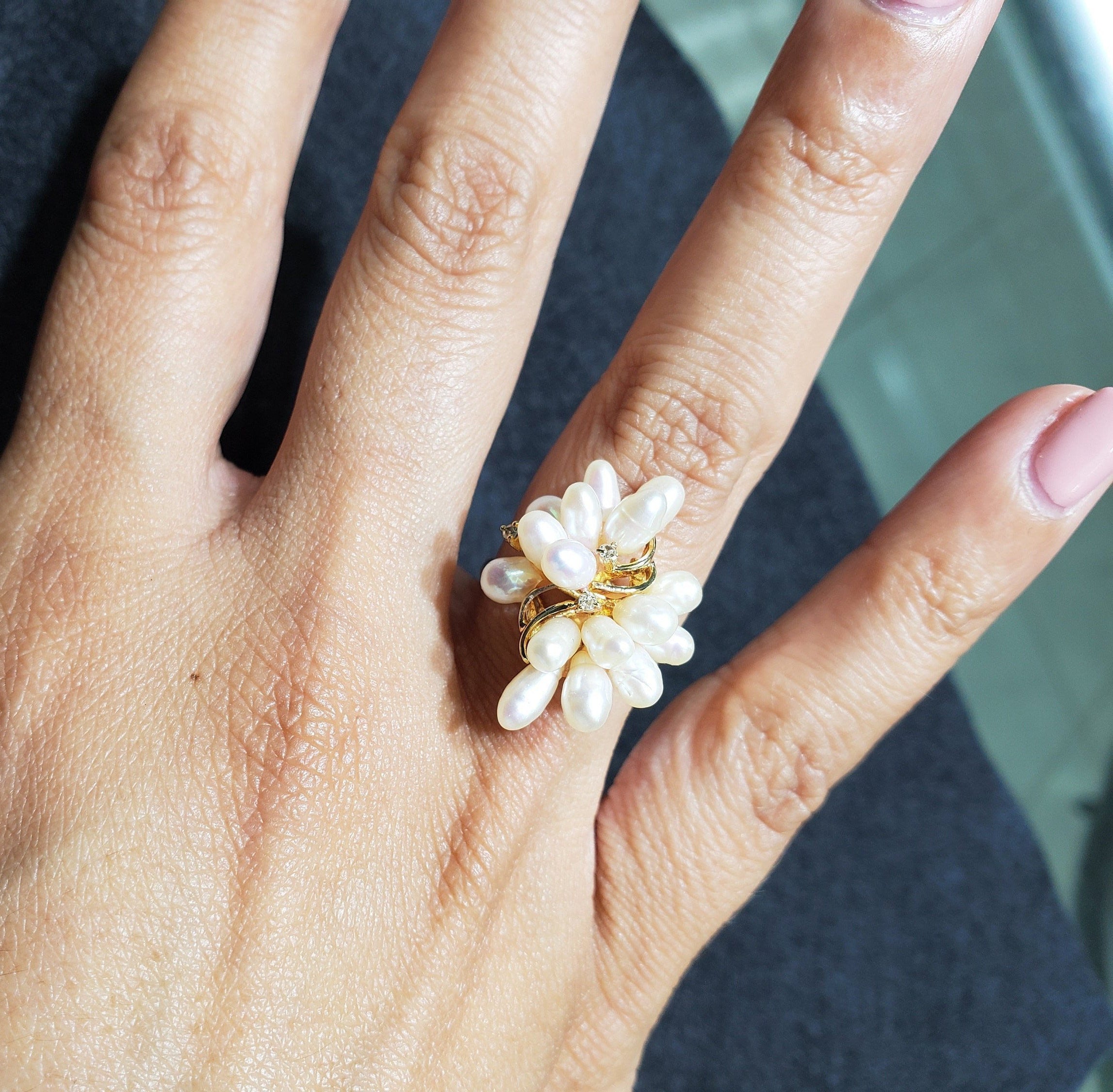 14K Yellow Gold Freshwater Pearl Cluster Cocktail Ring for Women - Elegant Statement Jewelry for Parties, Weddings & Special Occasions