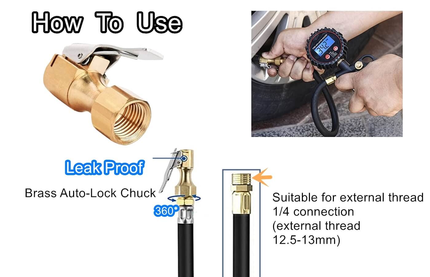 Heavy Duty Brass Air Chuck with Clip Adapter - 1/4