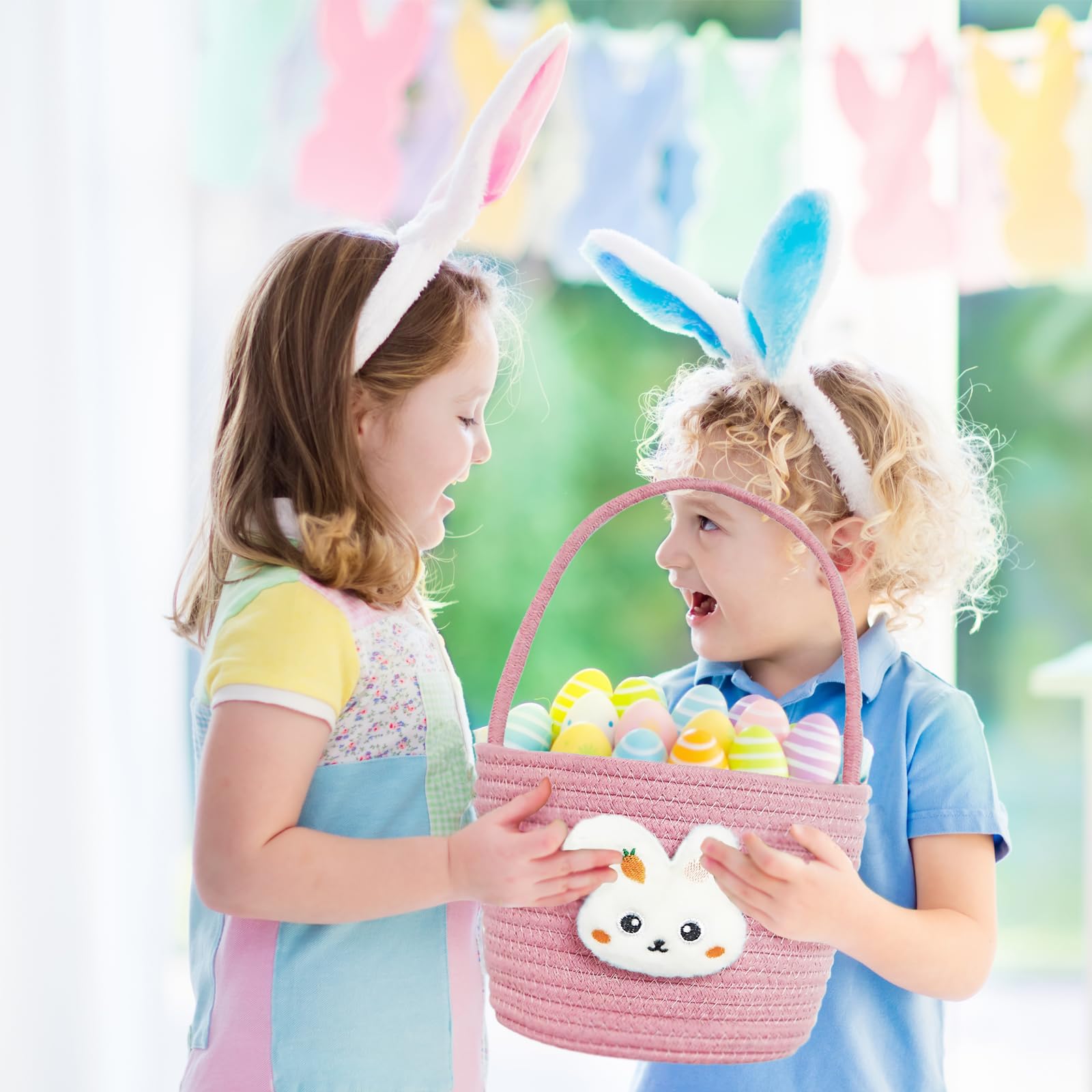Easter Basket for Kids - Woven Cotton Rope Bunny Basket with Gift Bags & Ribbons for Girls, Boys, Toddlers & Babies (Pink) - Perfect for Easter Egg Hunts, Spring Celebrations & Gift Giving