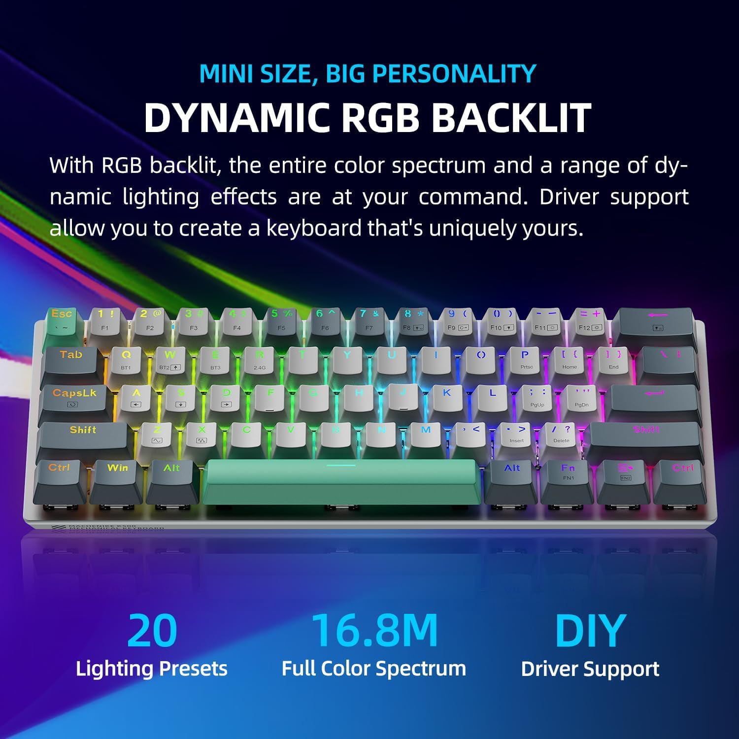 Machenike K500A-B61W 60% Wireless Mechanical Gaming Keyboard - 61 Keys Compact Design, Hot-Swappable Linear Red Switches, RGB Backlit, Anti-Ghosting, Double-Shot PBT Keycaps for Windows/Mac (White) - Perfect for Esports, Office Work & Home Gaming Setup