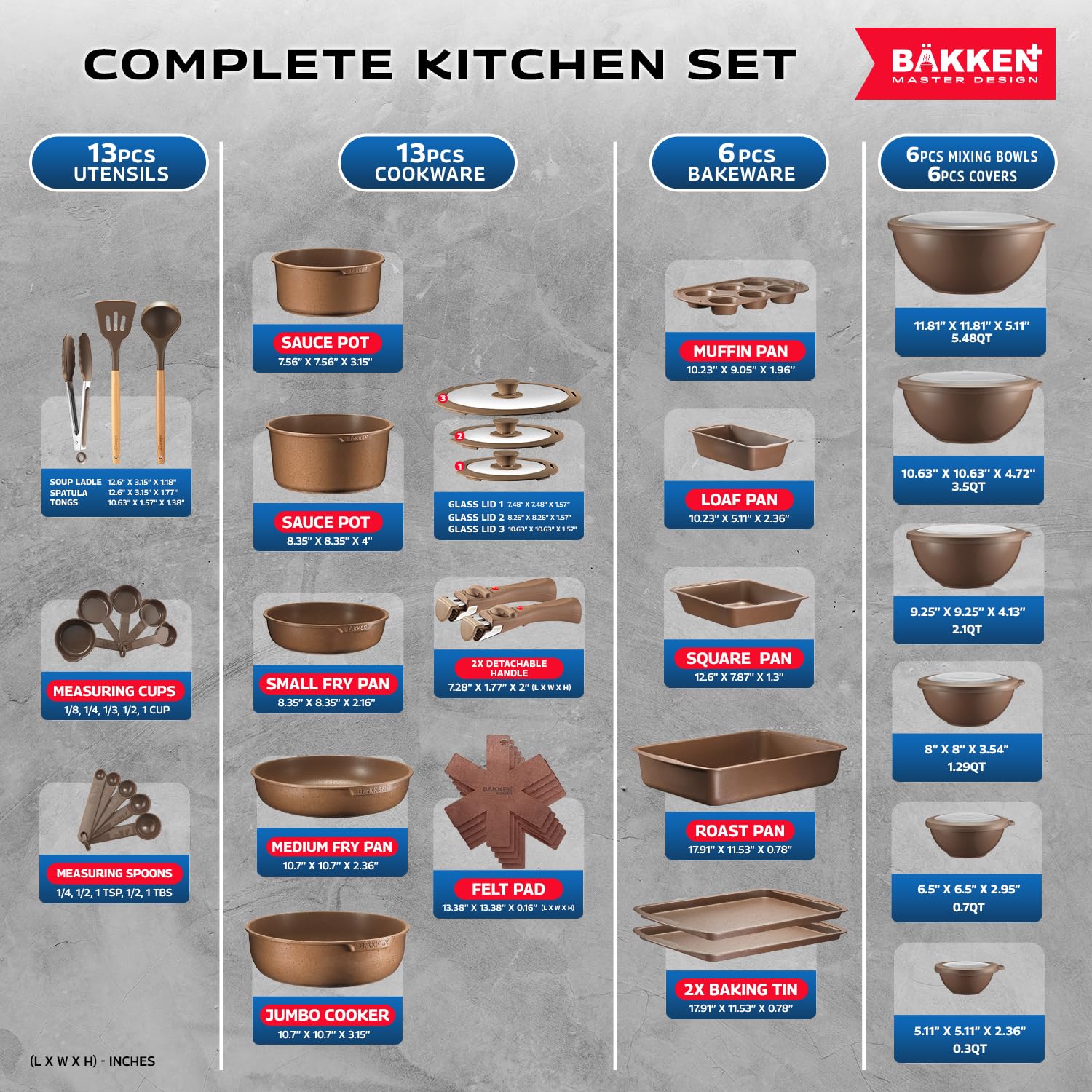 Bakken Master 38-Piece Granite Cookware and Bakeware Set - Nonstick Granite Coating Pots & Pans with Removable Handles, Tempered Glass Lids, 6-Piece Bakeware, 12-Piece Mixing Bowls - Perfect for Baking, Cooking & Meal Prep - Brown
