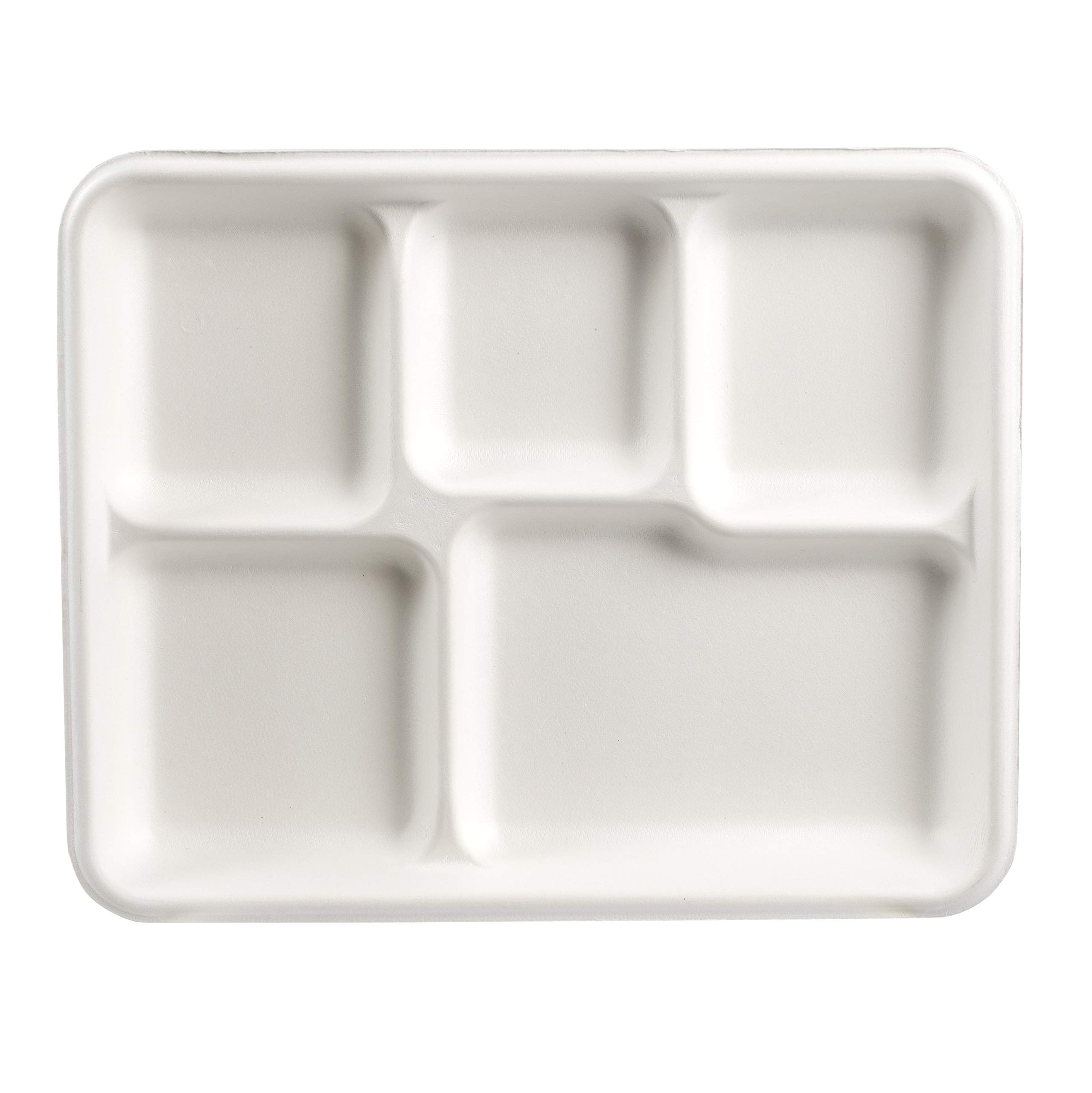 Eco-Friendly 100% Compostable Sugarcane Fiber Heavy Duty 5-Compartment Plate Tray - 500 Count Case for Parties, Picnics & Catering Events