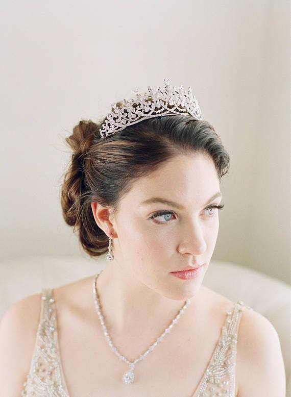 SPENCER Simulated Diamond Bridal Tiara - Elegant Crystal Wedding Crown for Bride, Princess, Prom & Special Occasions