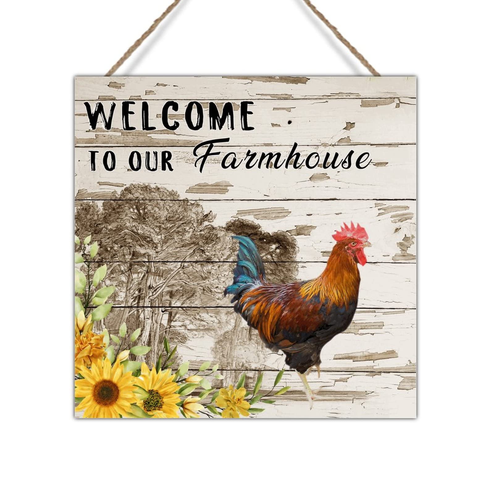 Distressed Wooden Farm Animal Sign - Welcome to Our Farmhouse Wall Decor, Chicken Coop & Rooster Plaque - 12x12 Inch Rustic Home Decor for Living Room, Housewarming & Farmer Birthday Gift - Perfect for Country Style Homes, Farmhouse Kitchens & Cozy Porches
