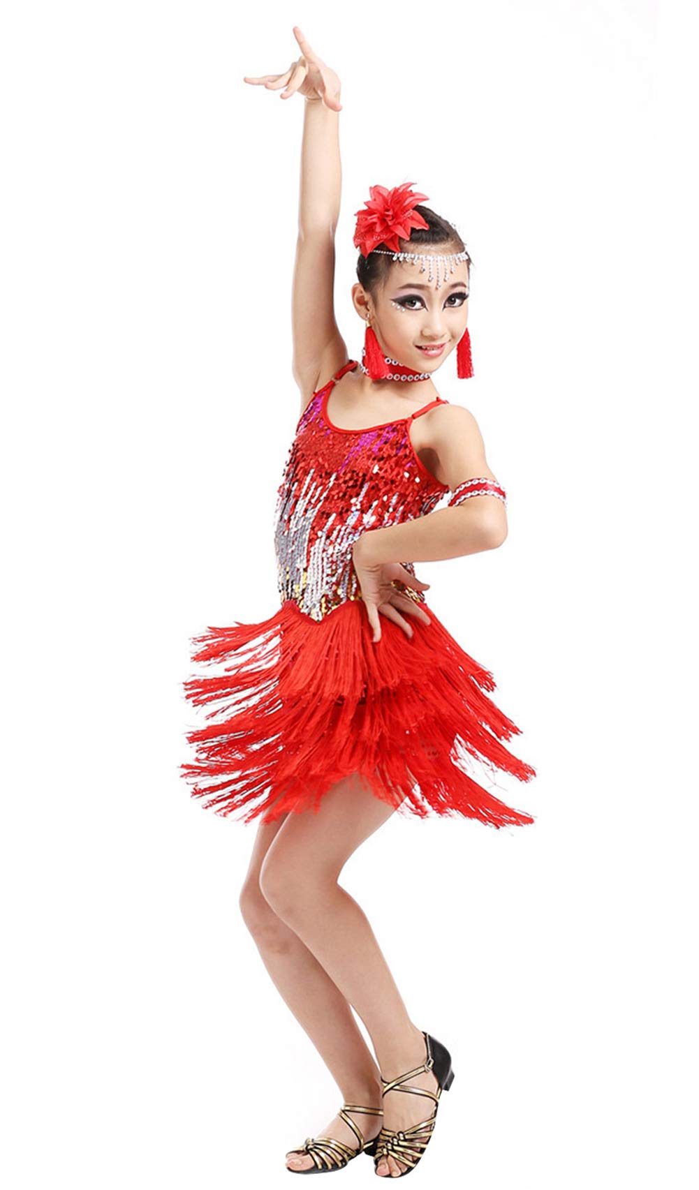 Happy Cherry Girls Latin Dance Dress - Sparkling Sequins & Tassels Salsa Ballroom Performance Costume - Perfect for Competitions, Performances, and Dance Parties