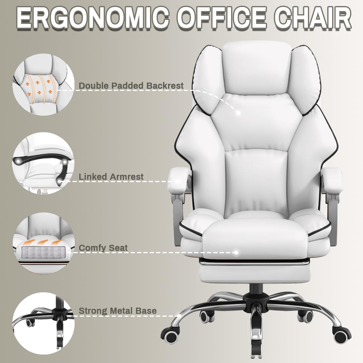 Ergonomic High Back Office Chair with Foot Rest & Wheels - Reclining Executive Desk Chair for Gaming, Work & Home Office - Comfortable Leather Computer Chair for Long Hours Sitting