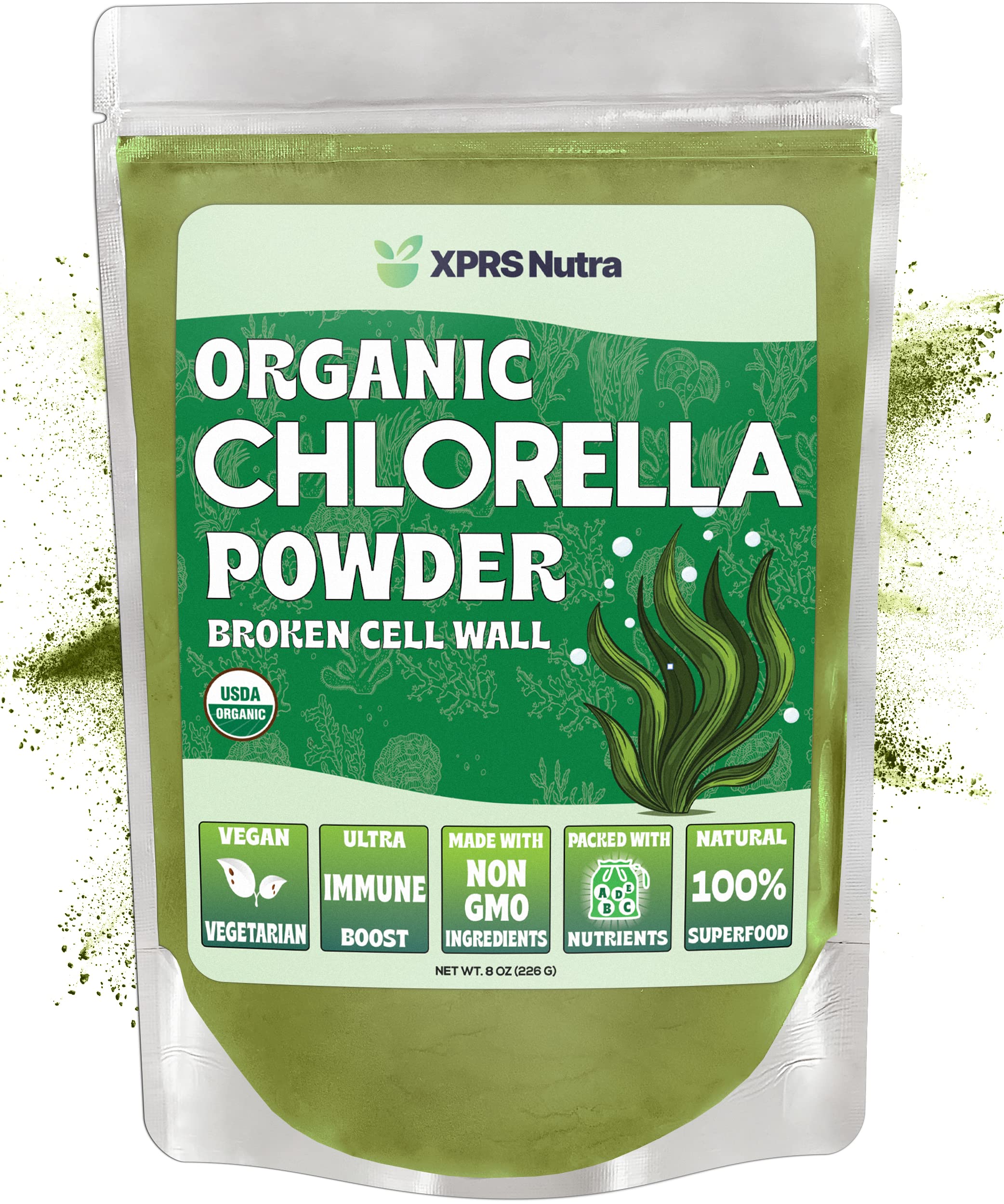 Organic Chlorella Powder with Broken Cell Wall - High in Chlorophyll & Protein - Vegan Superfood for Immunity Boost & Detox - Perfect for Smoothies, Juices & Wellness Shots (8oz)