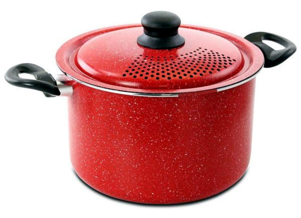 6 Qt. Granita Aluminum Red Speckle Pasta Pot with Carbon Steel Lid - Perfect for Cooking Pasta, Soups, and Stews in Your Kitchen