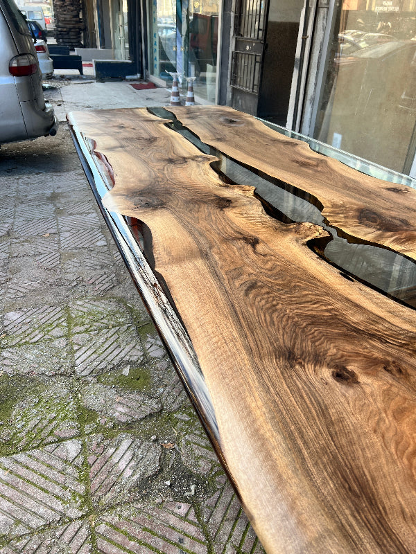 Epoxy Resin River Dining Table with Premium Walnut Wood Legs - Perfect for Modern Home Dining Room, Kitchen, and Office Spaces
