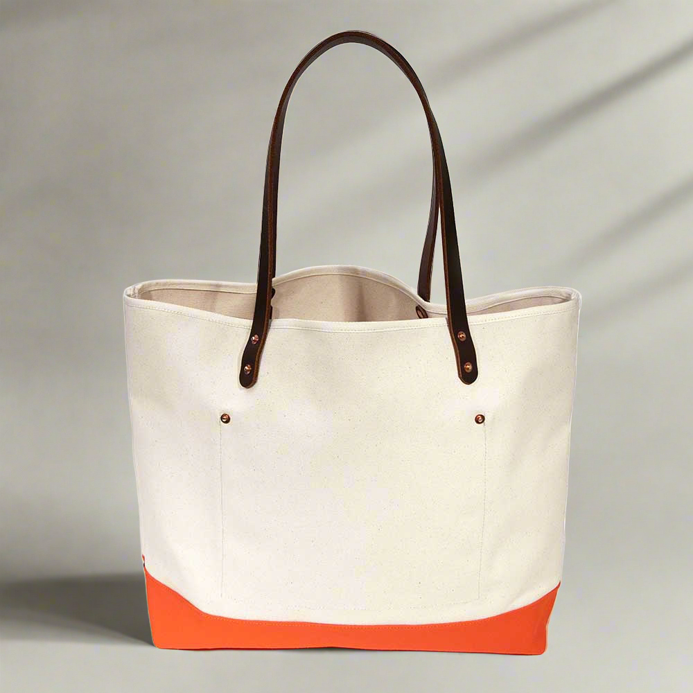 All Day Canvas Bucket Tote Bag - Natural & Flame Orange - Durable Casual Beach Tote for Women, Perfect for Shopping, Travel, and Everyday Use