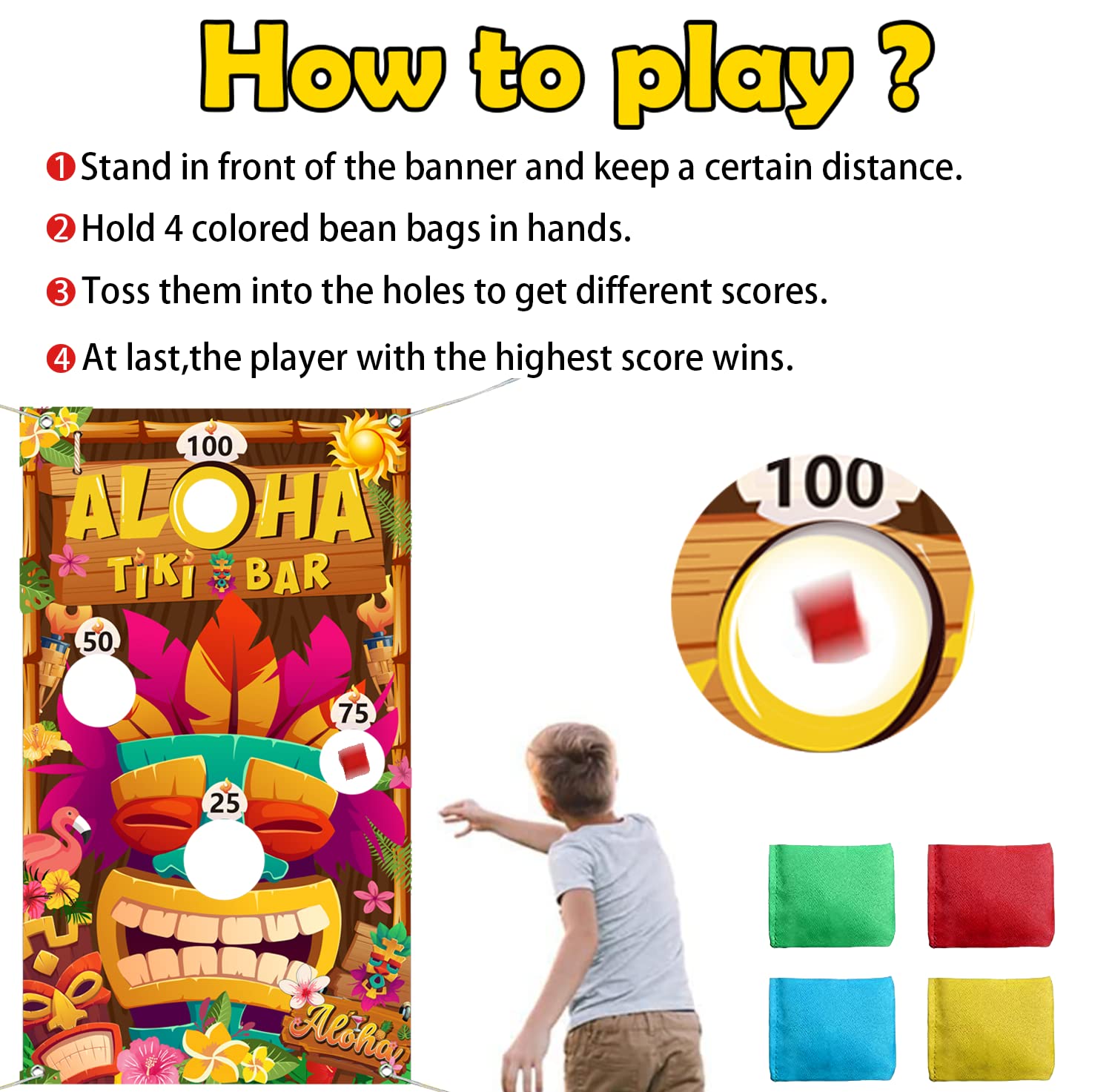Luau Party Games Set - Tiki Party Decorations with 4 Bean Bags & Banner - Hawaiian Summer Party Supplies for Kids & Adults - Perfect for Backyard Luaus, Beach Parties & Tropical Themed Events