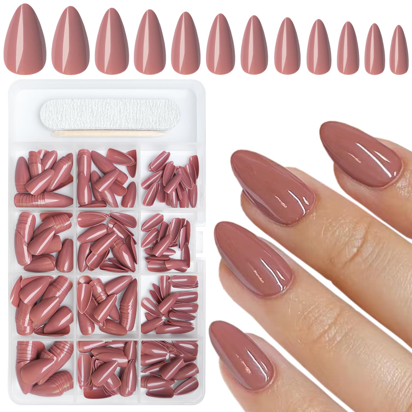 AddFavor 360pcs Short Almond Press on Nails - Glossy Brown Fake Nails with Glue & Adhesive Tabs | Acrylic Gel Manicure Set for Women & Girls | Perfect for Parties, Weddings & Everyday Wear