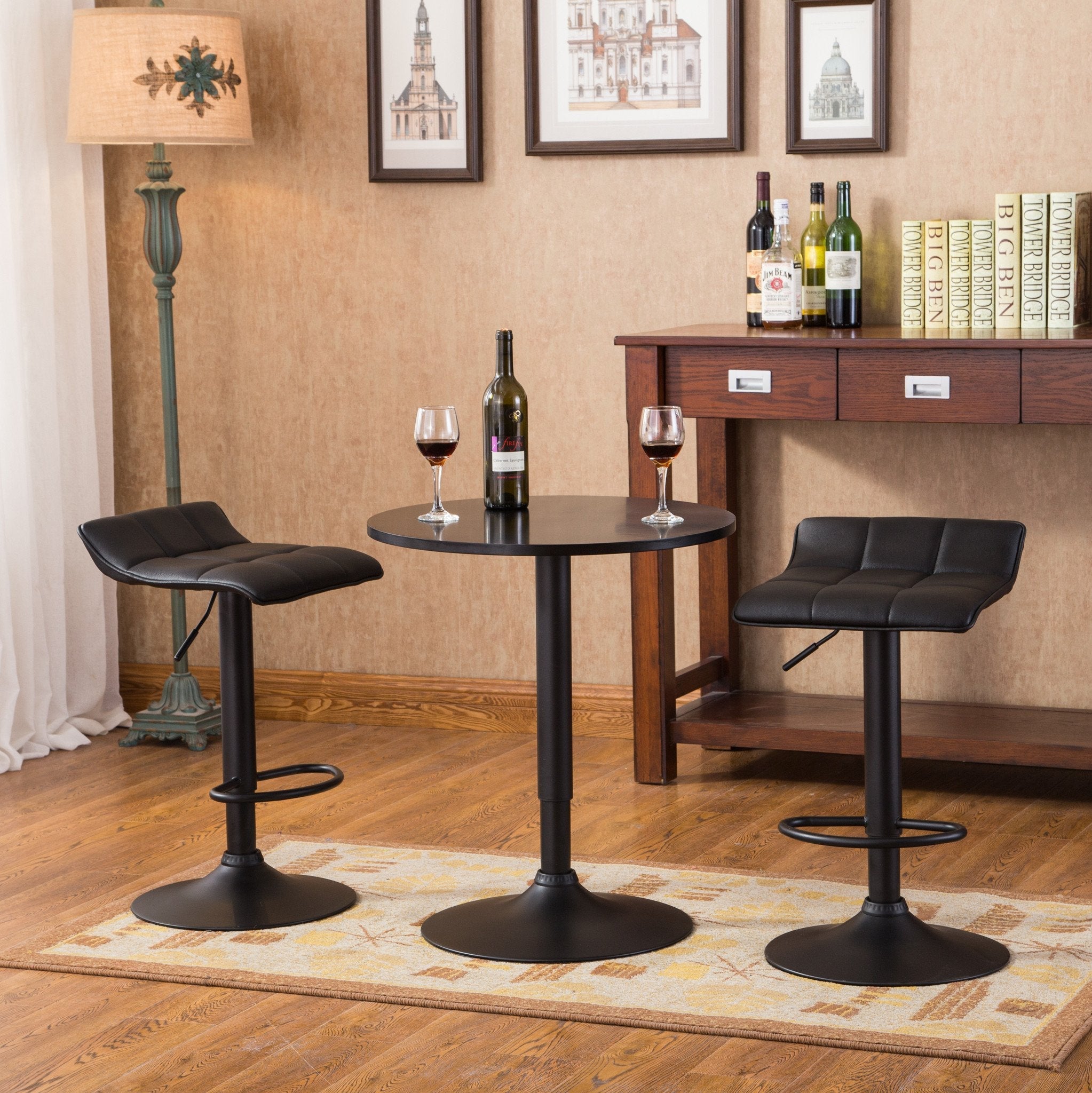 Roundhill Furniture Belham Black Adjustable Height 3-Piece Metal Bar Table Set for Kitchen, Dining Room & Outdoor Patio