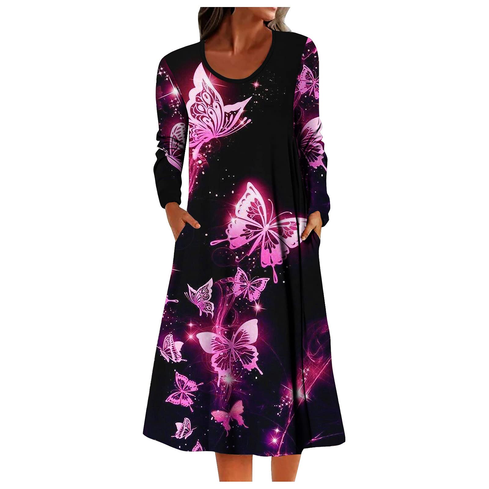 Women's Floral Butterfly Leopard Print Maxi Dress - Long Sleeve O-Neck Boho Sundress for Plus Size - Perfect for Beach Vacations, Summer Parties & Casual Outings