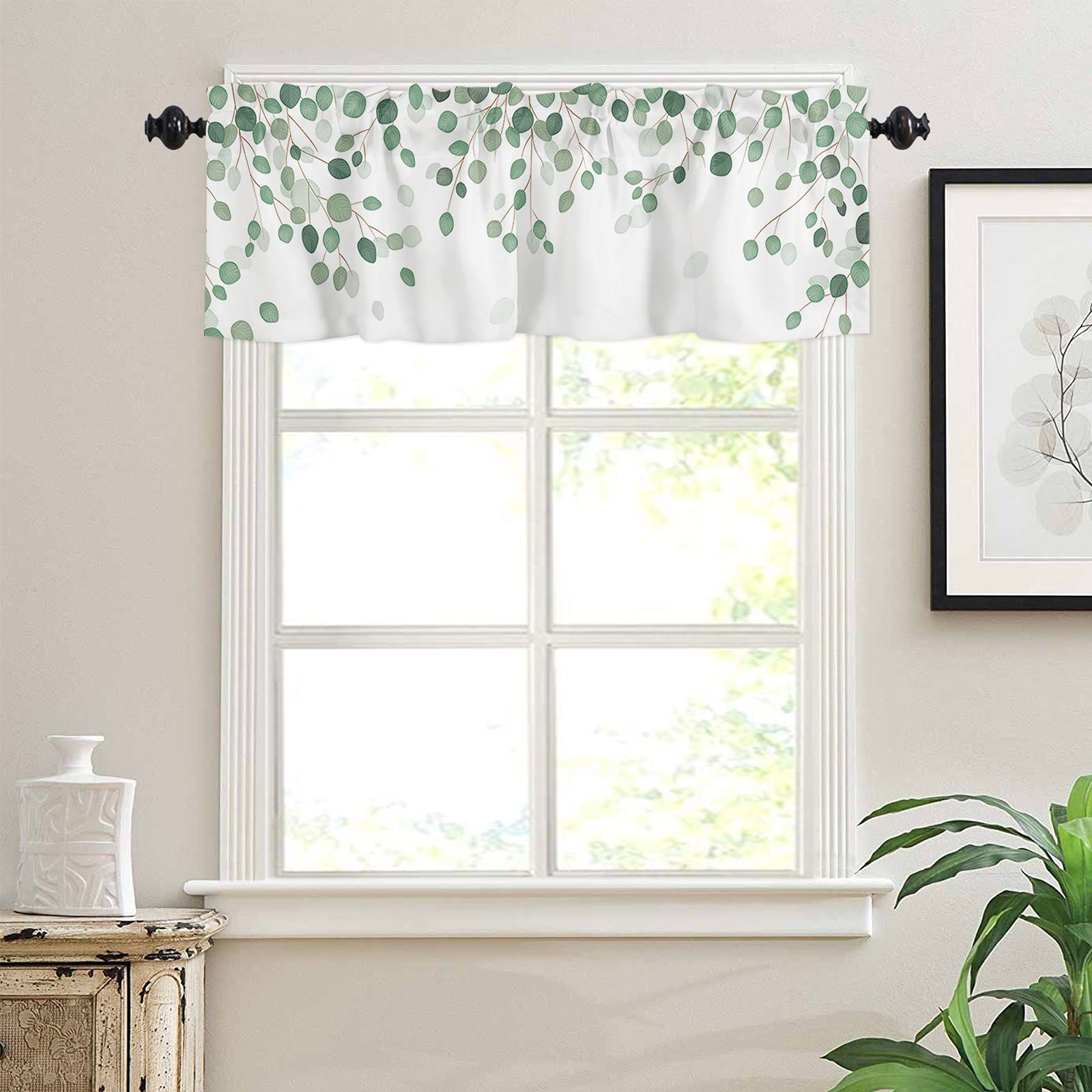 Eucalyptus Green Leaf Window Valances - 54x18 Inch Short Tier Curtains with Rod Pocket for Kitchen & Living Room - Natural Plant-Themed Home Decor for Farmhouse, Cottage & Modern Interior Design