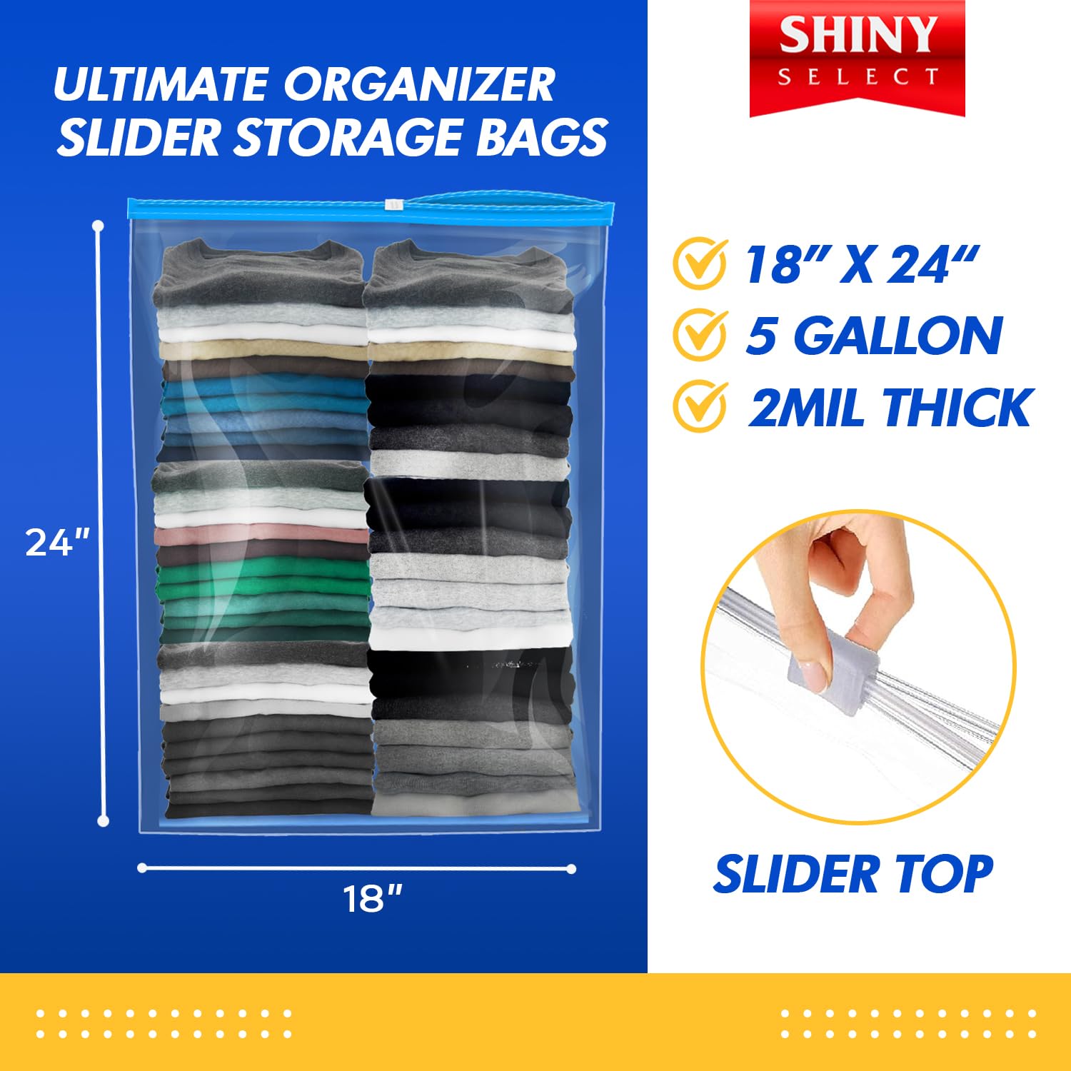 15-Pack Extra Large 5 Gallon Slider Storage Bags - 2 Mil Thick Clear Plastic (18