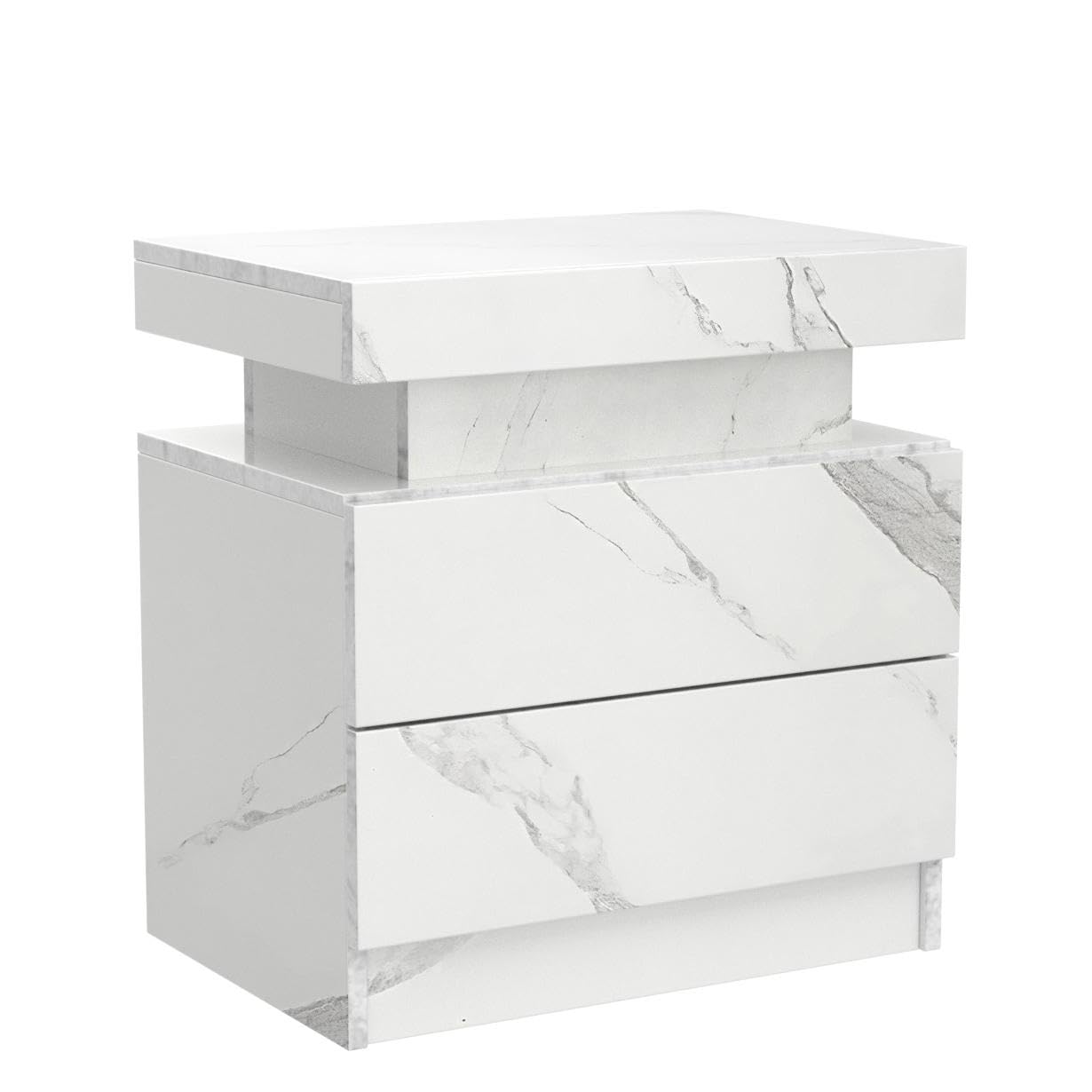 Modern LED Nightstand with 2 Drawers - White Marble Wooden Bedside Table with Touch Control Lights for Bedroom - Stylish End Table/Side Table for Living Room & Bedroom - Perfect for Reading, Charging Devices & Bedroom Decor
