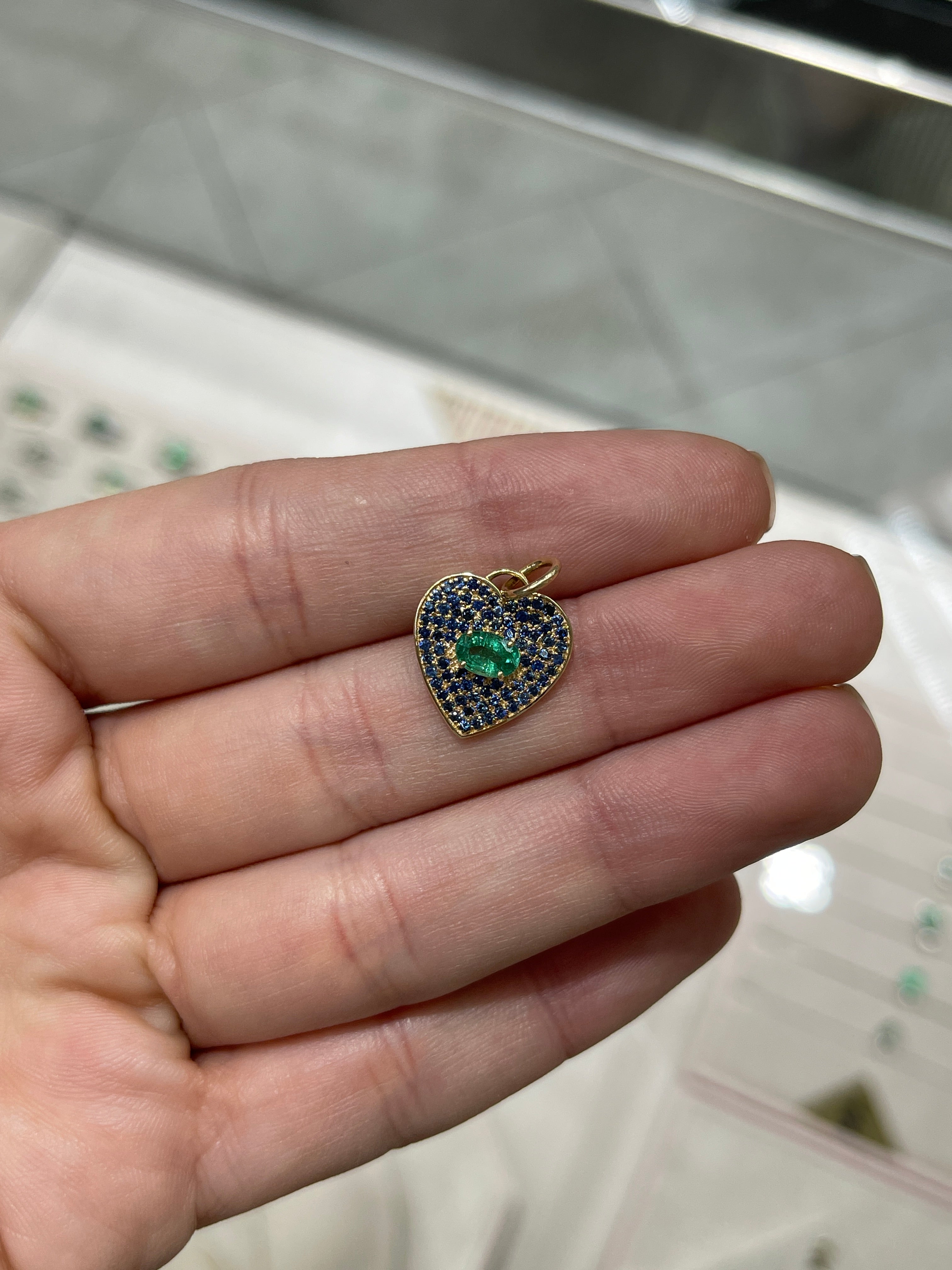 1.10tcw Genuine Emerald & Blue Sapphire Heart Charm Pendant in 14K Gold - Perfect for Valentine's Day Gifts, Anniversary Jewelry & Romantic Occasions