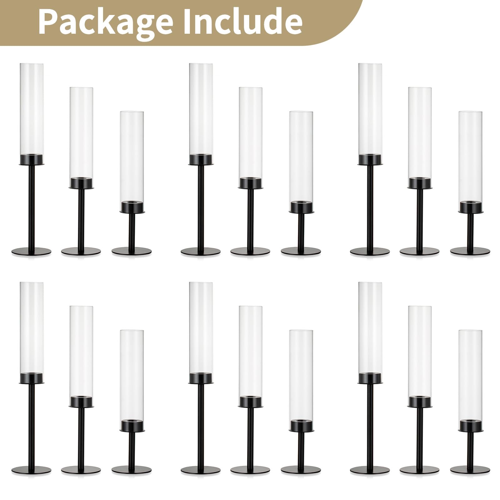 NUPTIO 18-Piece Black Hurricane Candle Holders Set with Crystal Glass Cylinder Sleeves - Metal Taper Candle Stick Holders for Christmas, Thanksgiving, Weddings & Party Centerpieces - Elegant Table Decor for Dining Room, Fireplace Mantel & Holiday Events