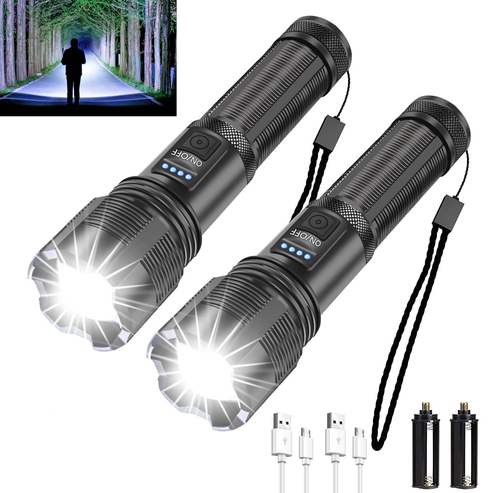10000 Lumens Rechargeable Tactical Flashlight - 3000mAh USB-C Battery, 5 Modes Zoomable LED Torch, IPX6 Waterproof for Camping, Hiking, Emergency & Outdoor Activities | Compact Handheld Light for Dog Walking, Power Outages & Survival Gear