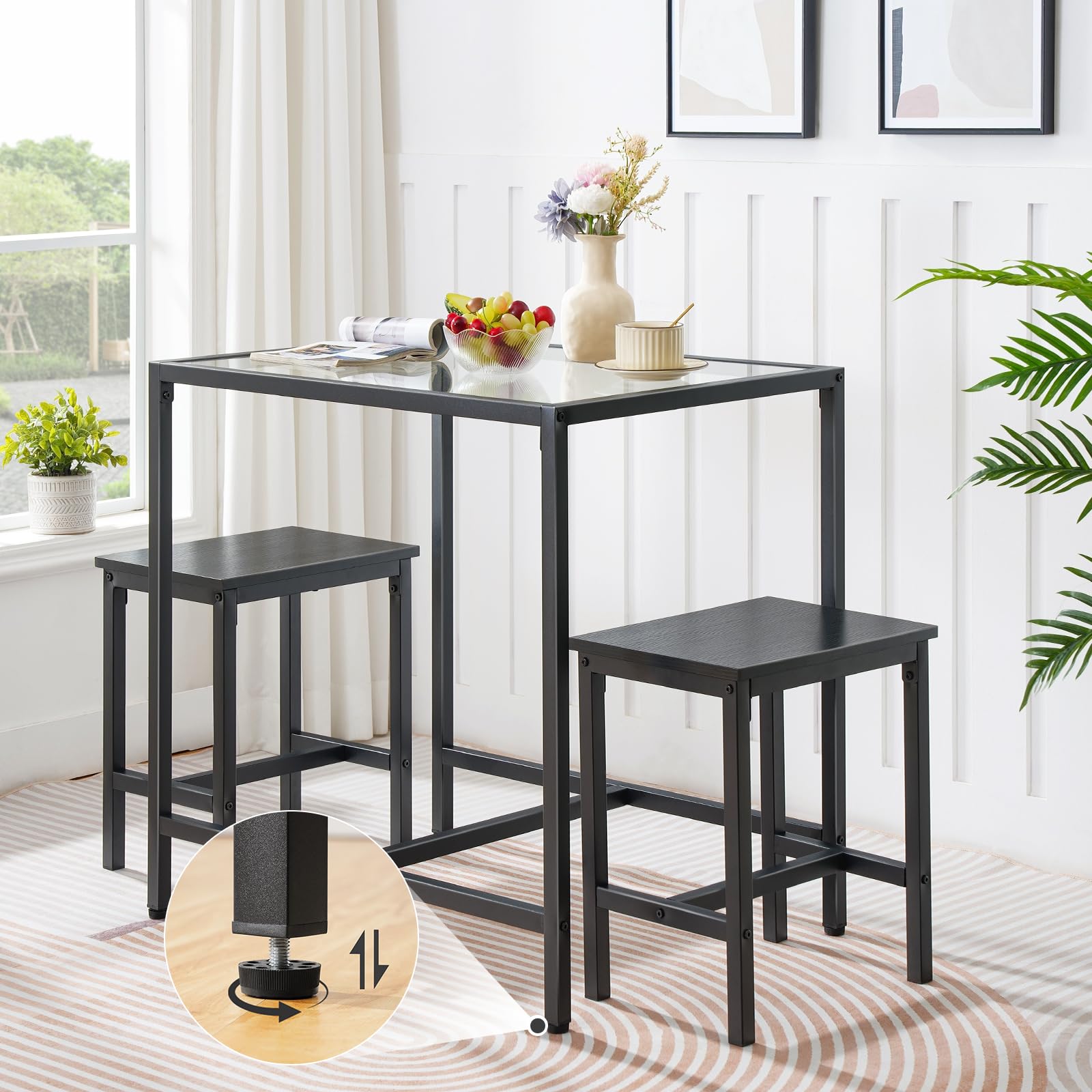 HOOBRO Modern Glass Dining Table Set for Small Spaces - 3-Piece Kitchen Table and Chairs, Rectangular Black Home Furniture (BK80CZ01) | Perfect for Apartments, Condos & Cozy Dining Areas