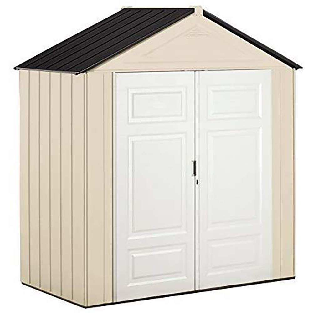Rubbermaid Resin Outdoor Storage Shed 7x3.5 Ft with Floor - Weather-Resistant Beige & White Garden Shed for Backyard Organization - Perfect for Storing Lawn Mowers, Bikes, Pool Supplies & Gardening Tools - Ideal for Home, Yard & Patio Storage Solutions