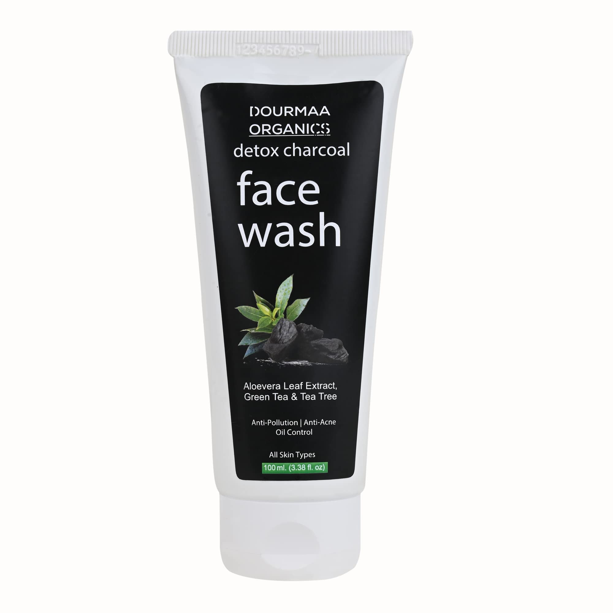 Dourmaa Organics Detox Activated Charcoal Face Wash with Vitamin C, Green Tea & Tea Tree - Anti Acne, Oil Control & Pollution Protection - Aloe Vera Extract - Unisex 100ml (Pack of 1) - Perfect for Daily Skincare Routine & Deep Cleansing