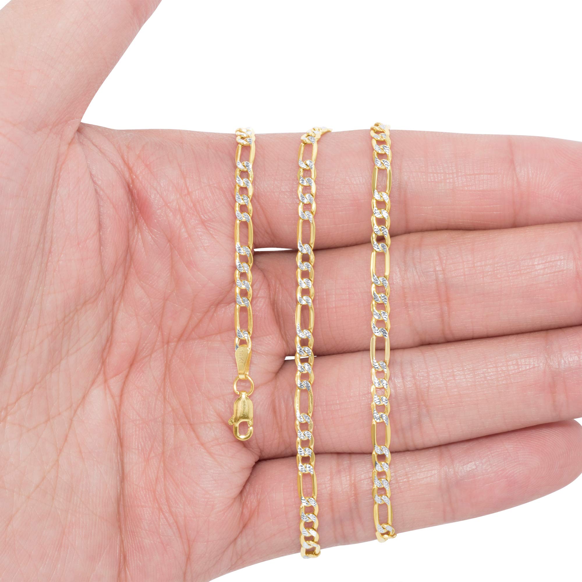 14K Real Yellow Gold Figaro Link 3.5mm Diamond Cut Pave Chain Bracelet for Men & Women | Italian Jewelry | Adjustable 7