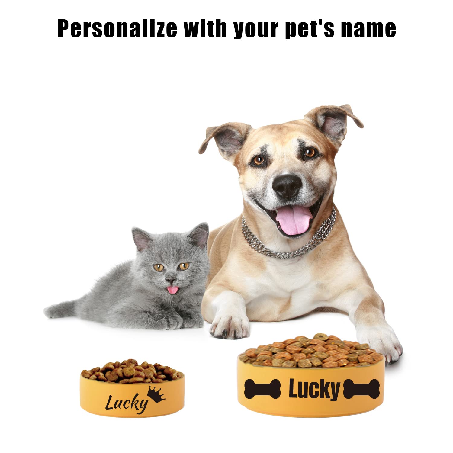 Custom Personalized Ceramic Dog Bowl - Non-Slip Pet Food & Water Dish with Engraved Name - Yellow Pet Feeding Bowl for Small Medium Large Dogs - Perfect for Home, Travel & Outdoor Use