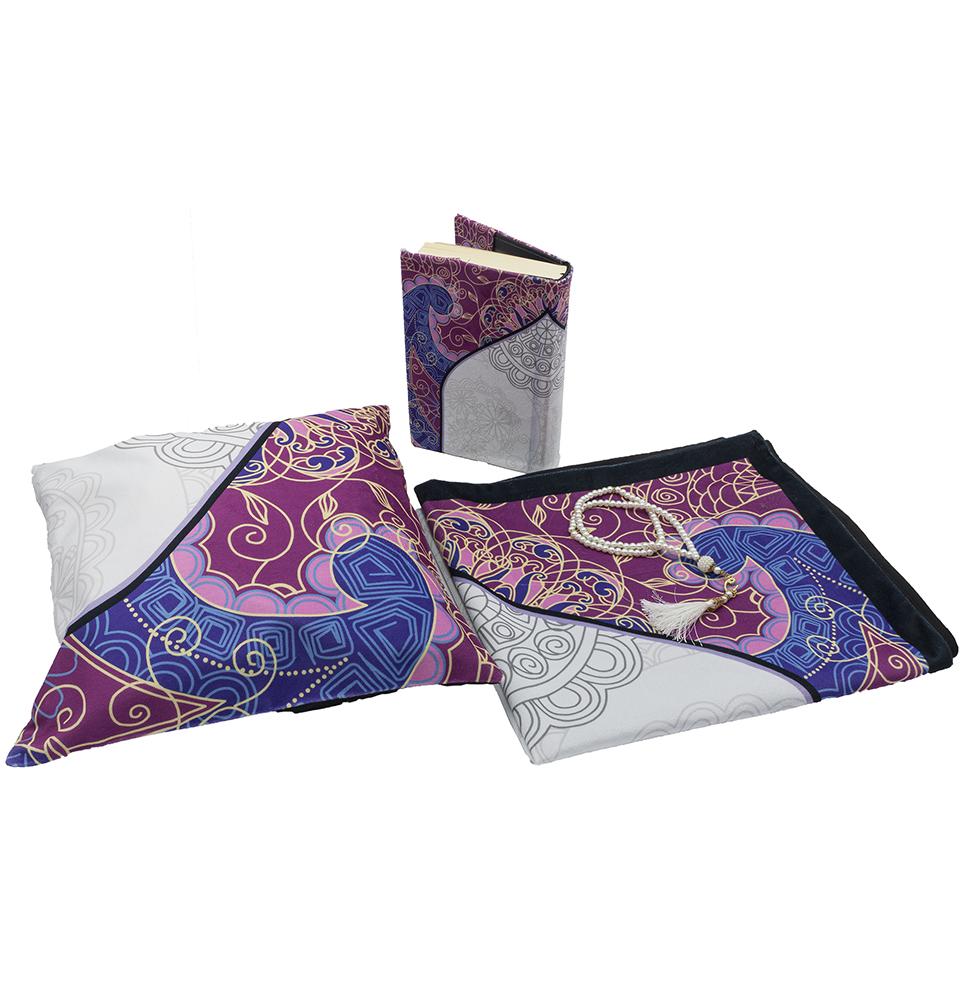 Premium Islamic Quran & Prayer Rug 4-Piece Gift Set - Pink & White - Perfect for Home Prayer, Ramadan Gifts & Muslim Religious Ceremonies