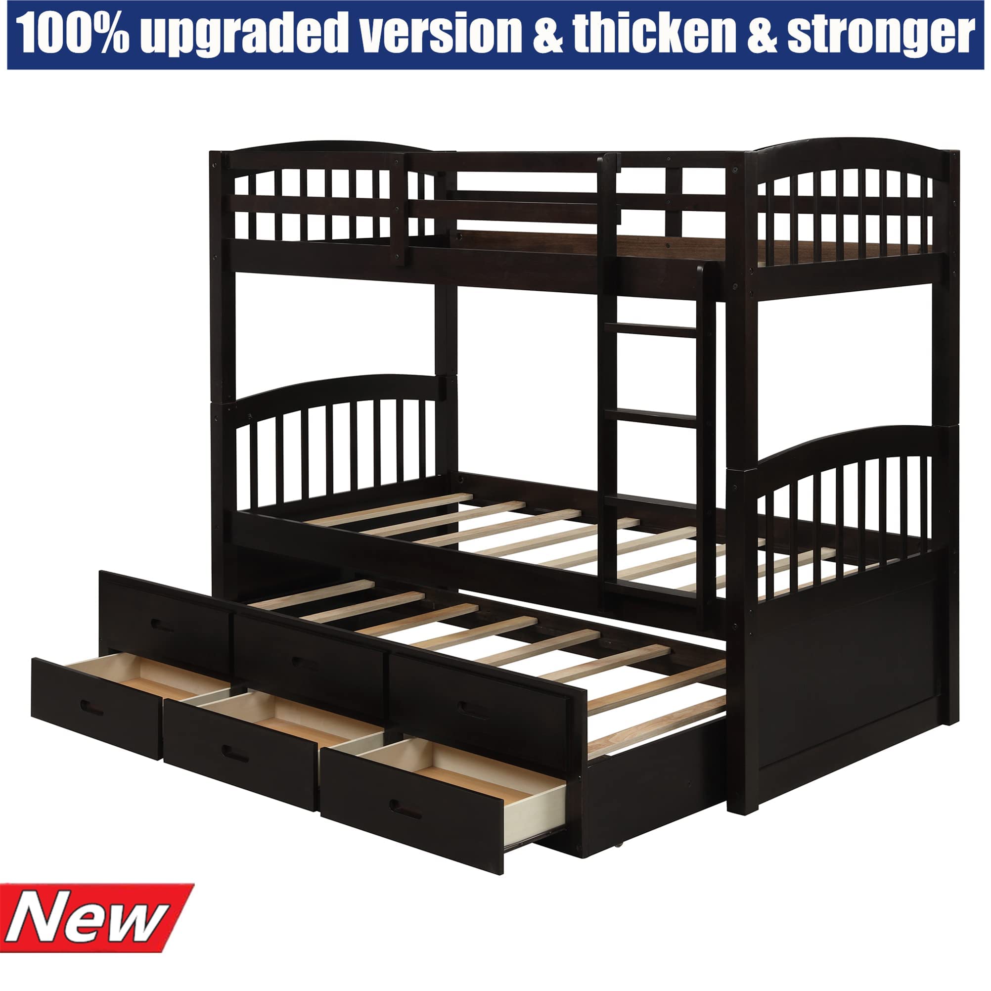 Solid Wood Twin Bunk Bed with Storage & Trundle - Heavy Duty for Kids & Adults (Espresso) - Perfect for Small Spaces & Guest Rooms