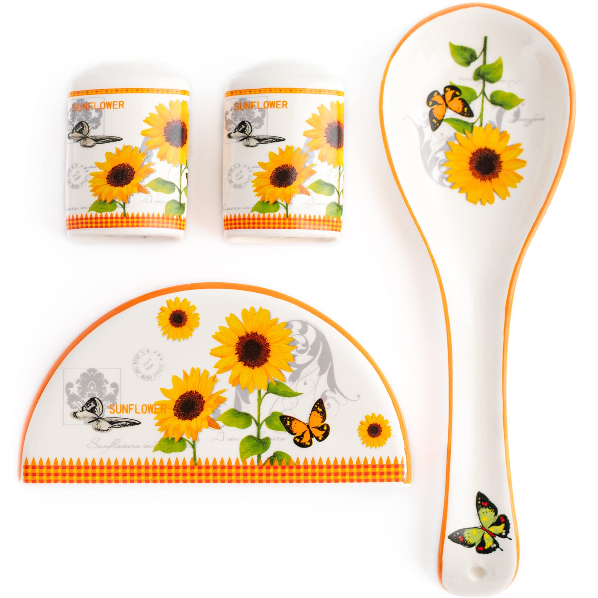 Sunflower Salt and Pepper Shakers Set with Spoon Rest & Napkin Holder - Yellow Ceramic Kitchen Decor for Country Style Dining | Perfect for Farmhouse, Rustic, and Cottage Kitchen Decorations