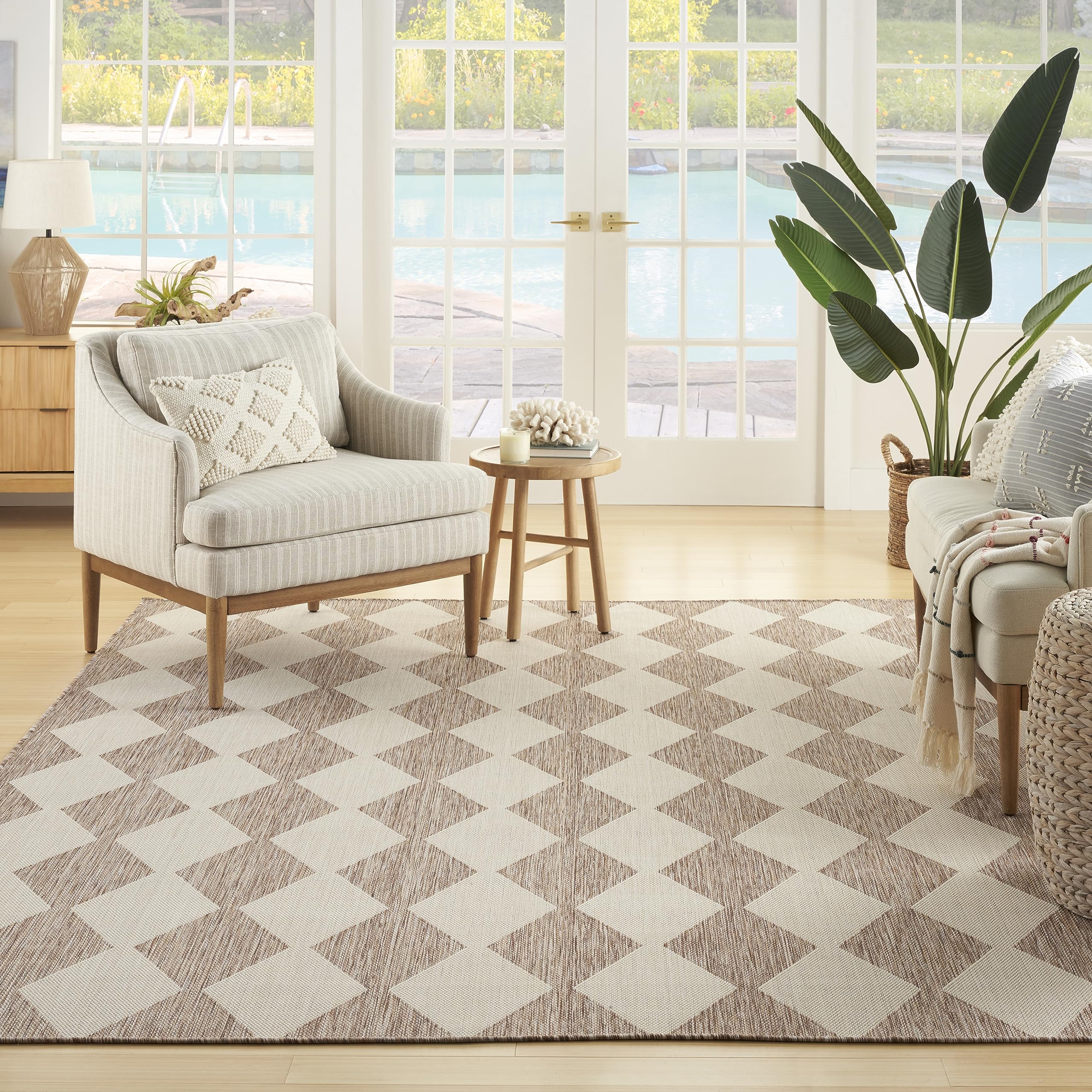 Nourison Positano 5' x 7' Indoor/Outdoor Area Rug - Beige, Easy to Clean, Non-Shedding for Bedroom, Living Room, Dining Room | Perfect for Backyard, Deck & Patio Use (5x7)