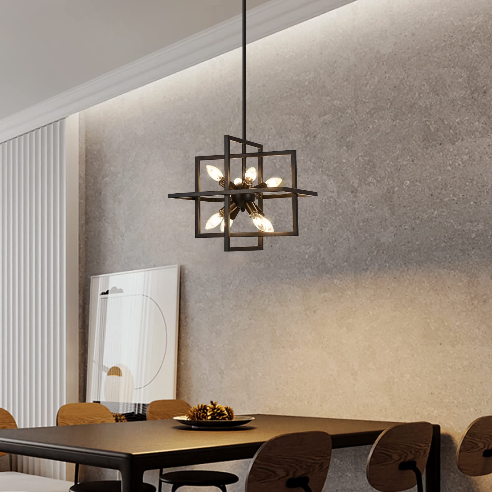 Modern Small Black Metal Chandelier - 8-Light Geometric Industrial Pendant Lighting Fixture for Kitchen, Dining Room, Foyer & Entryway | Perfect for Farmhouse, Loft & Industrial Style Decor