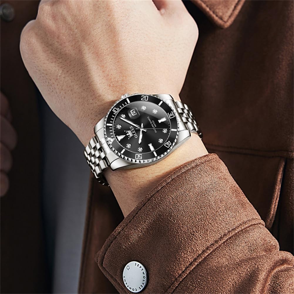 Premium OLEVS Men's Stainless Steel Business Watch - Diamond Accent Large Dial, Date Display & Waterproof - Ideal for Office Wear, Formal Events & Daily Use