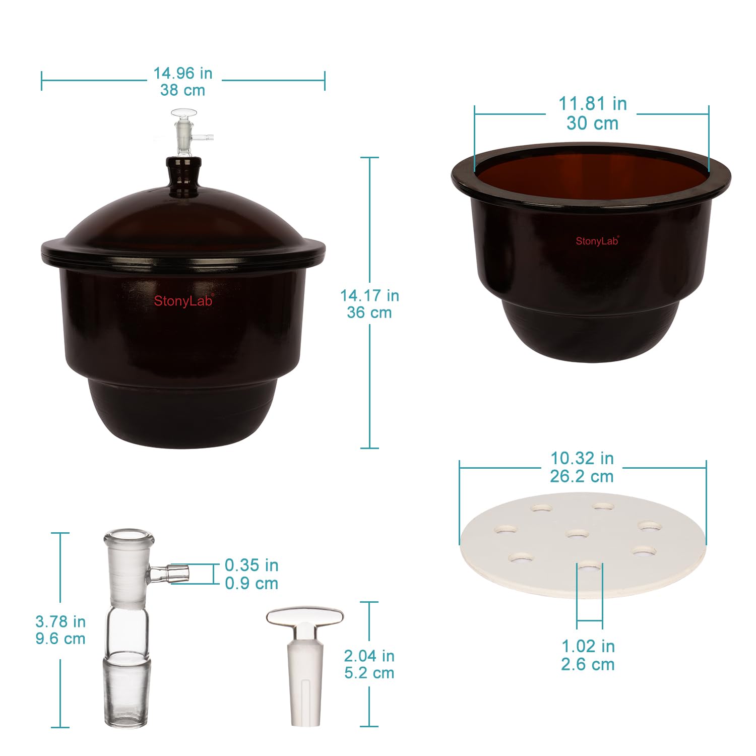 Stonylab 11.8 Inch Amber Glass Vacuum Desiccator with Glass Vacuum Valve & Porcelain Plate - Ideal for Laboratory, Science Experiments, and Moisture-Sensitive Storage