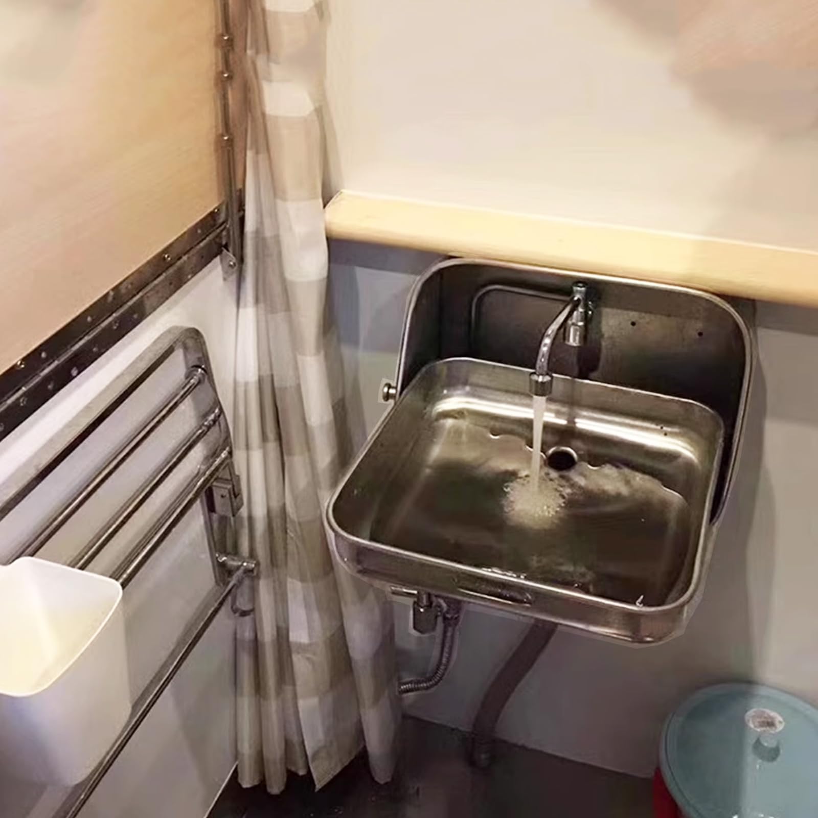 Stainless Steel Wall Mount Folding Sink with Cold Water Faucet - Compact Hand Wash Basin for RV, Caravan, Bar & Outdoor Kitchen (37x39x37.5cm) - Perfect for Camping, Tiny Homes & Off-Grid Living