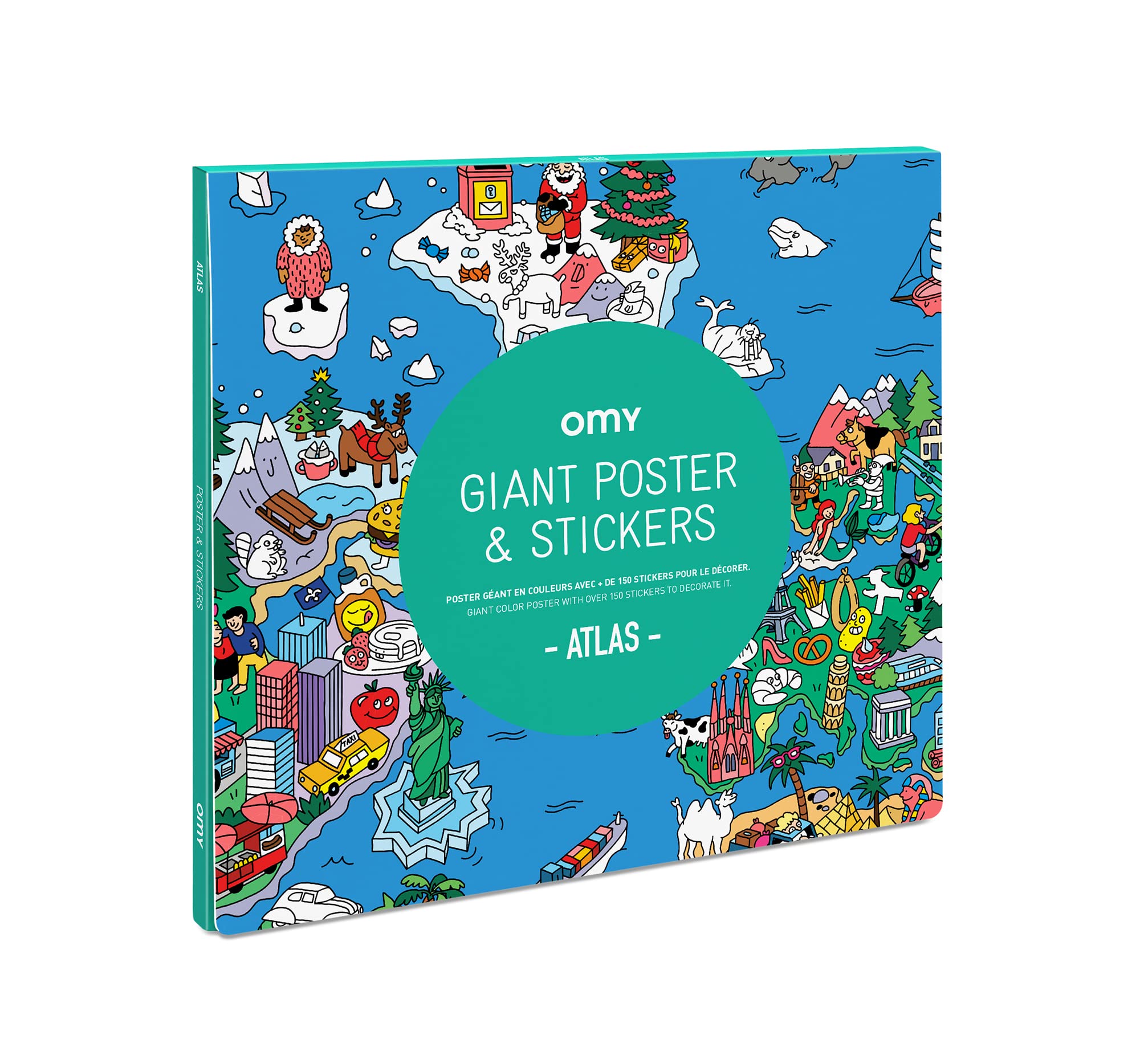 OMY Giant Search and Find World Atlas Poster with 100+ Stickers - 40x28 Inch Educational Activity for Kids | Perfect for Travel Learning, Classroom Decor & Family Game Night