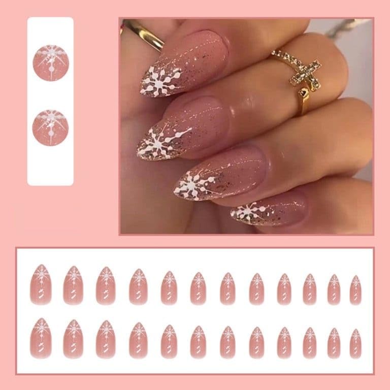 CherryBox 24-Piece Glitter Press on Nails - Long Pointed Snowflake Design with Shiny Pink Sparkles (Includes Nail Glue & Stickers) - Perfect for Christmas Parties, Weddings & Special Occasions