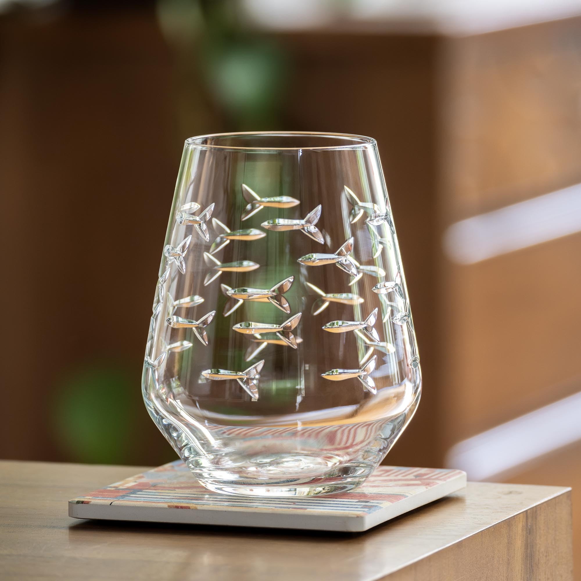 Rolf Glass School of Fish Stemless Wine Tumblers - Set of 4 Lead-Free 18oz Glasses | Hand Engraved & Polished in USA | Perfect for Parties, Gifts & Home Decor