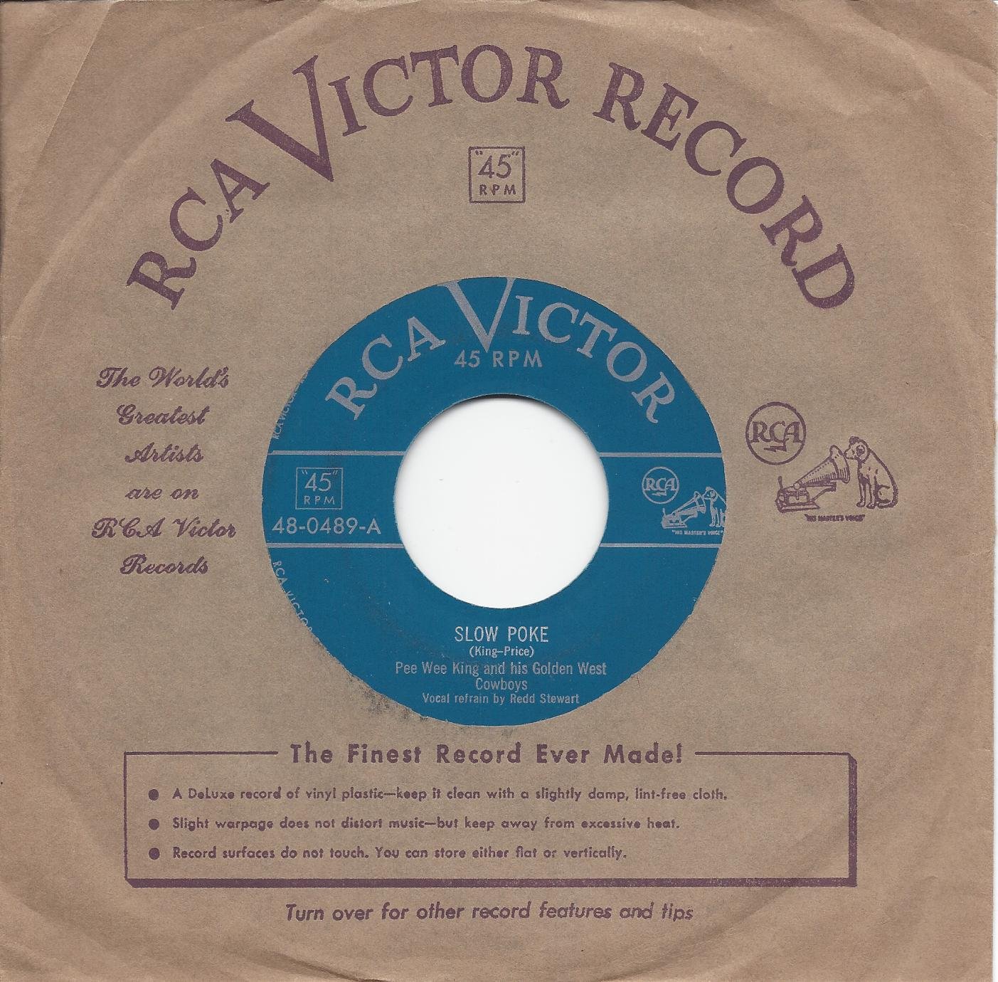PEE WEE KING - Slow Poke/Whisper Waltz RCA 0489 Vintage 45 RPM Vinyl Record - Perfect for Jukeboxes, Retro Music Collectors & 1950s Nostalgia Lovers