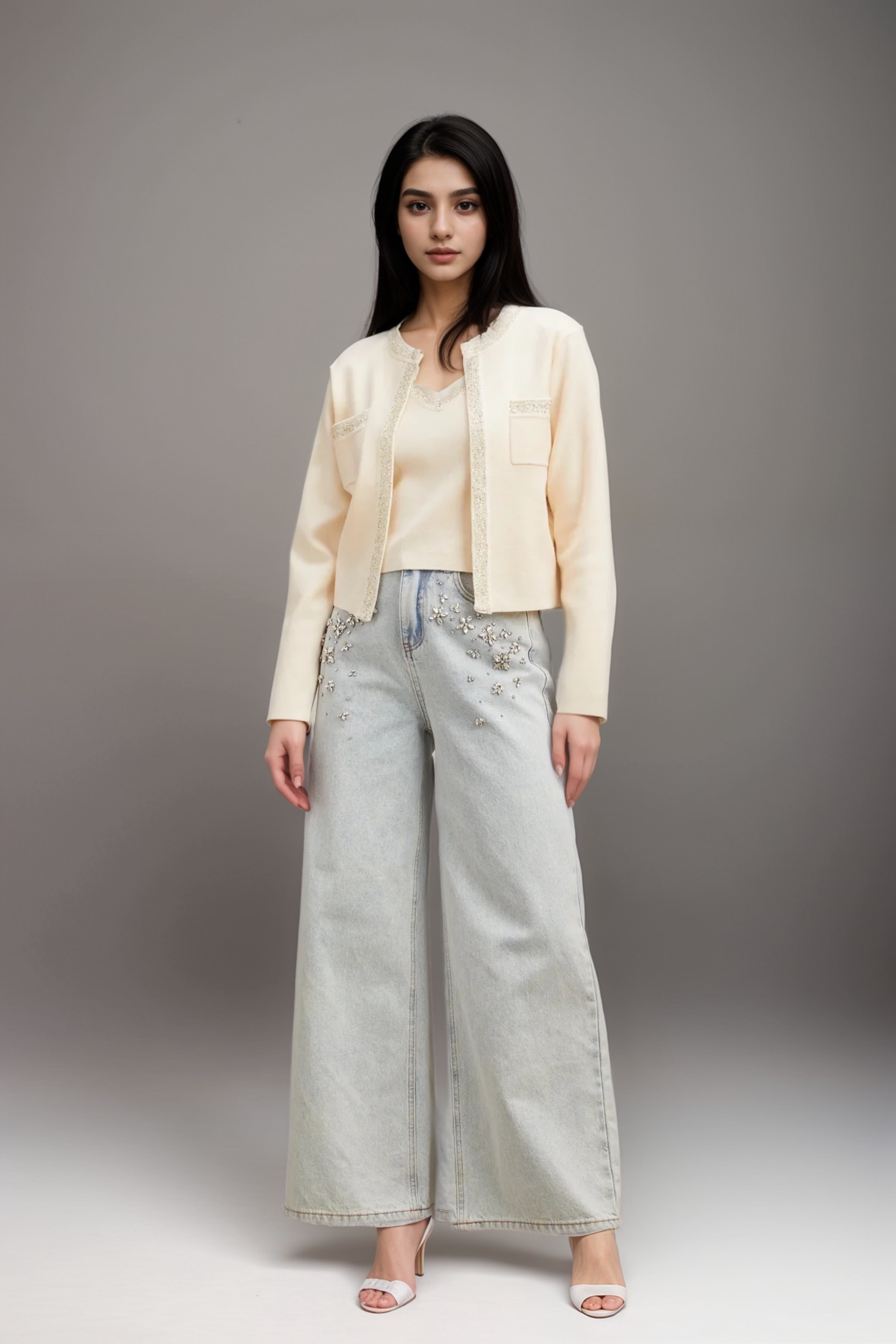 Celia White Sequin Cropped Knit Top for Women - Elegant Party Wear & Night Out Outfit
