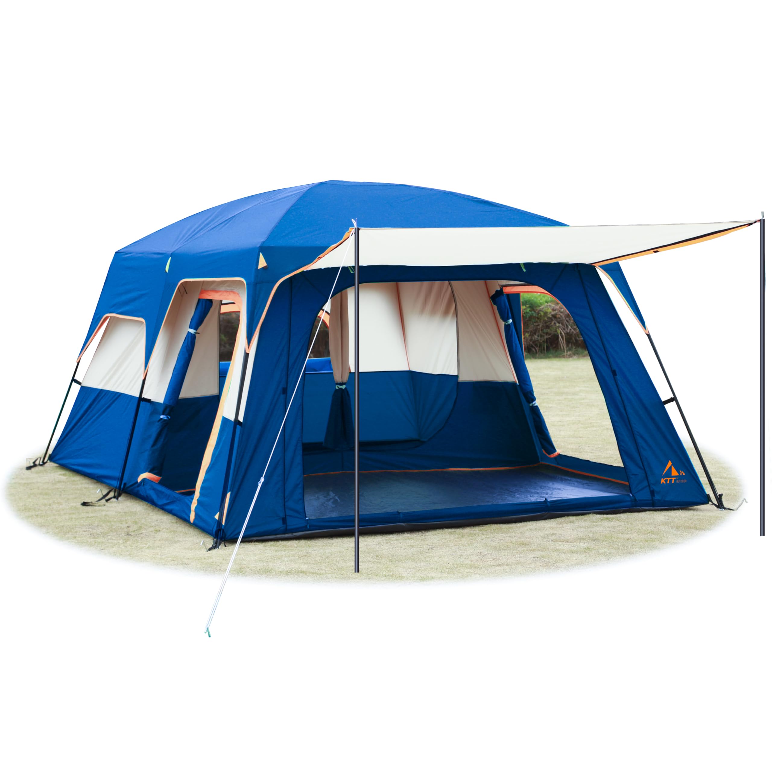 KTT Extra Large Family Cabin Tent for 10-14 People (Style-B) - 2 Rooms, 3 Doors & 3 Mesh Windows, Waterproof Double Layer Straight Wall Design - Perfect for Camping, Picnics, Outdoor Adventures & Family Gatherings