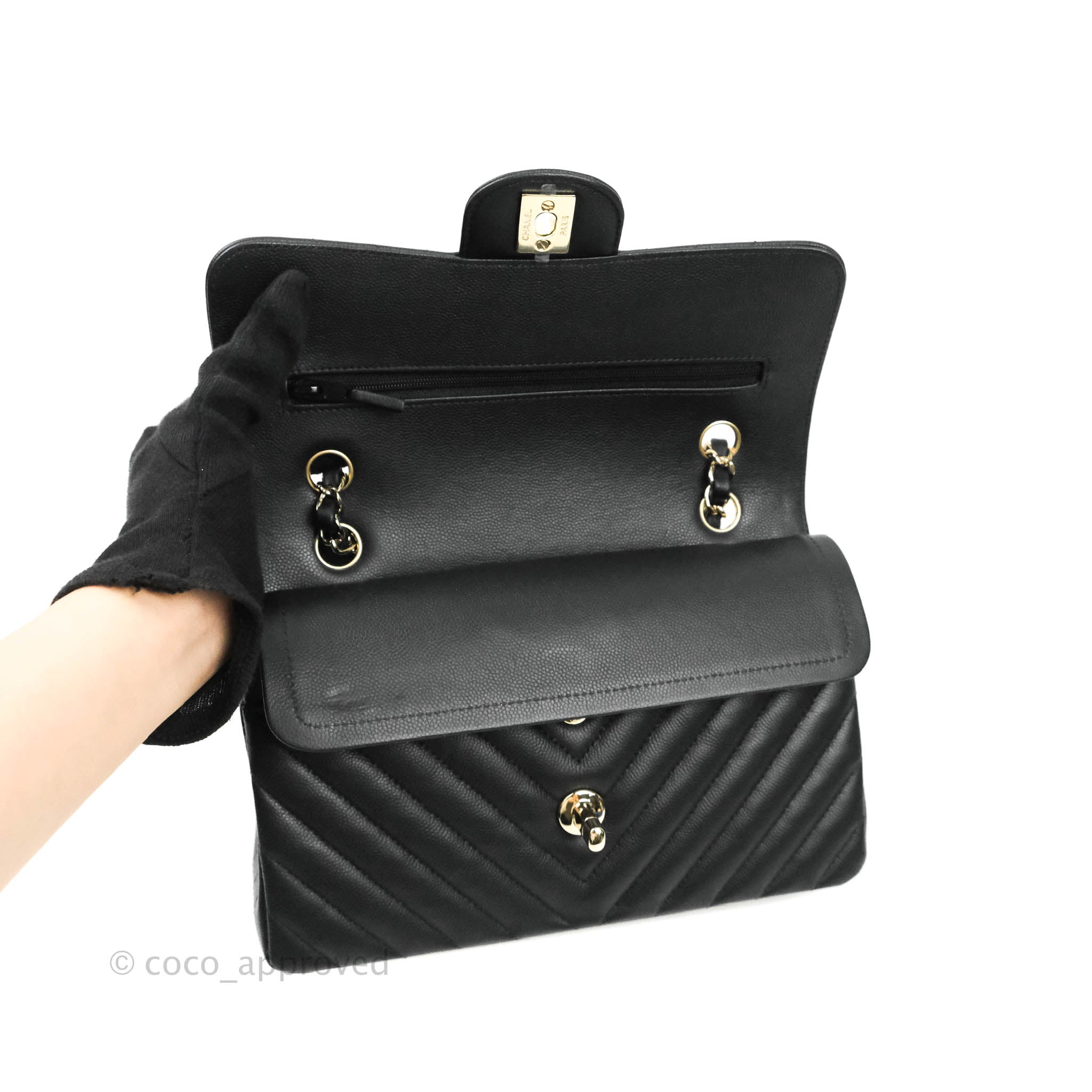 Chanel Classic Chevron Small Medium Double Flap Bag Black Caviar Leather Gold Hardware - Luxury Handbag for Women, Perfect for Parties, Work & Everyday Use