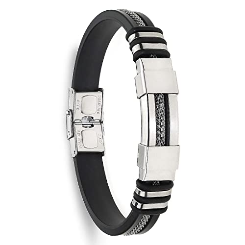 YDS Stainless Steel & Silicone Gel Men's Bracelet - Black with Steel Cable Chain for Men & Boys | Durable Unisex Wristband for Casual Wear, Gifts & Everyday Style